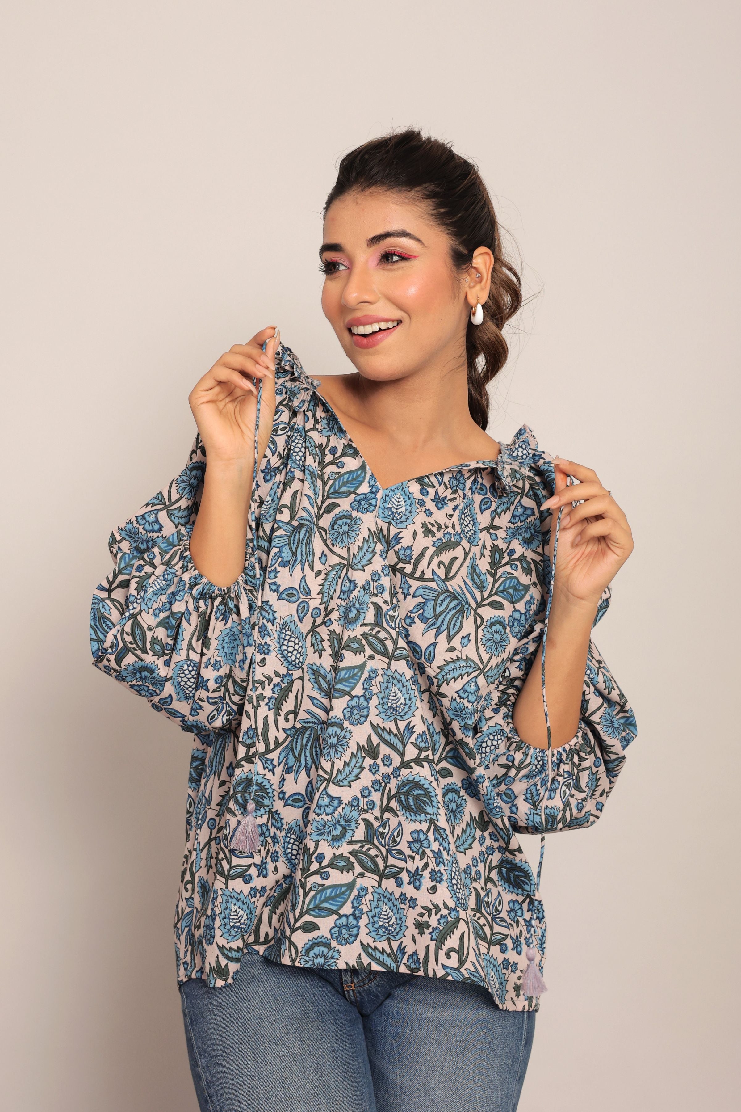 Multicolor Floral Summer Relaxed Top With Collar Neckline - Kaoribyshreya