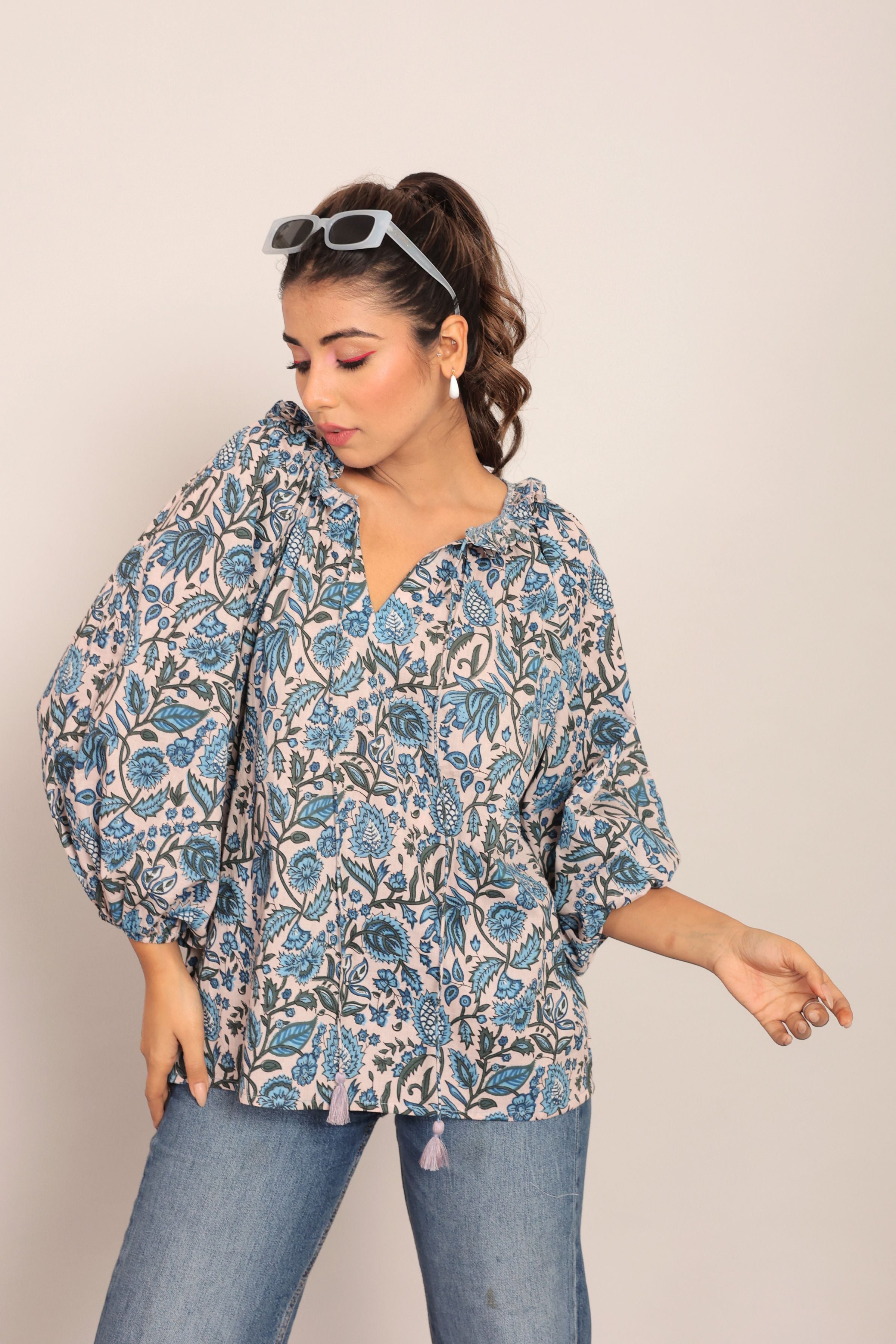 Multicolor Floral Summer Relaxed Top With Collar Neckline - Kaoribyshreya