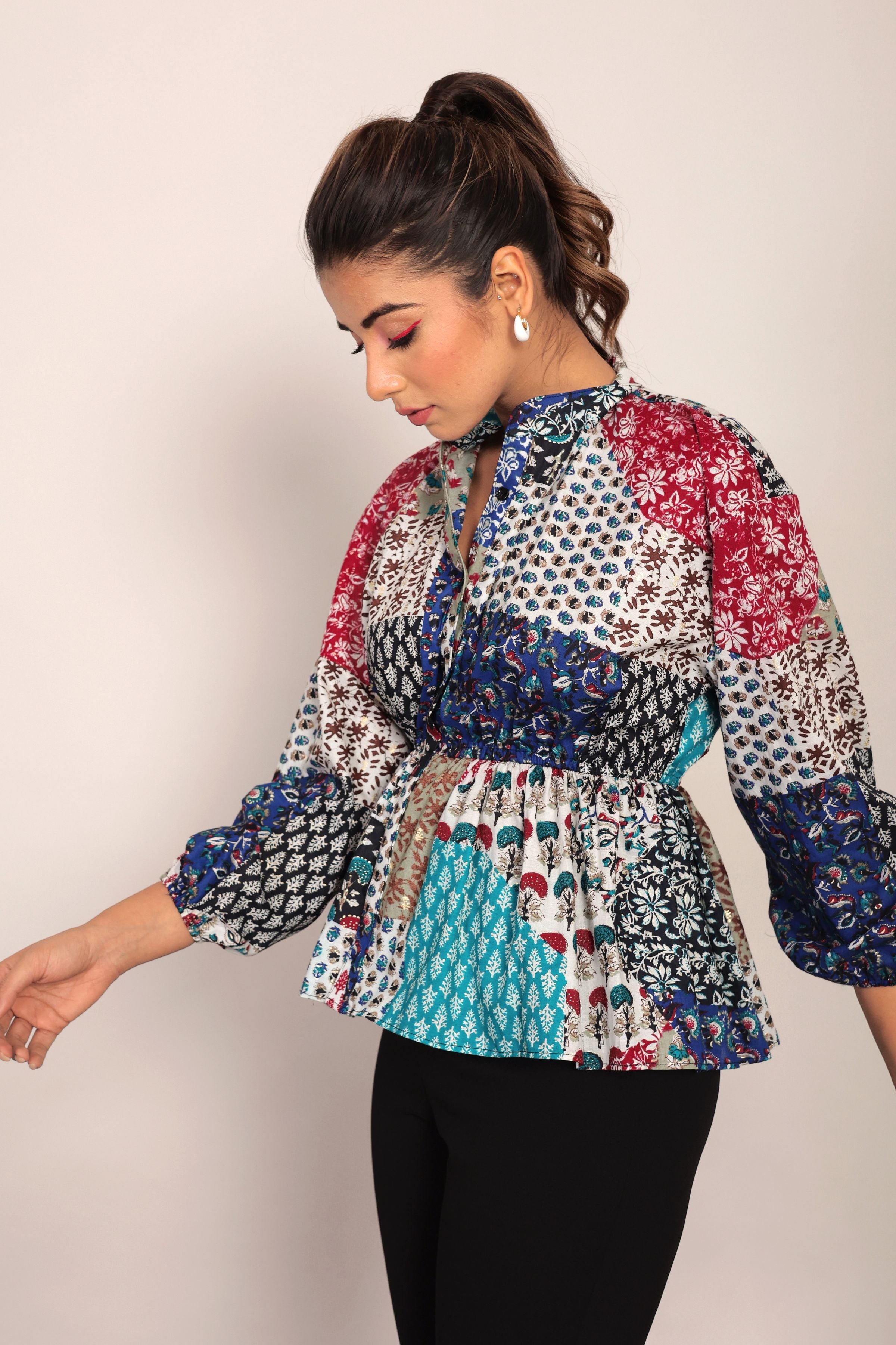 Multicolor Geometric Waist Fitted Top - Kaoribyshreya