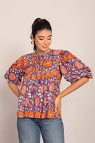 Orange and Multicolor Floral Cotton Summer Relaxed Top - Kaoribyshreya