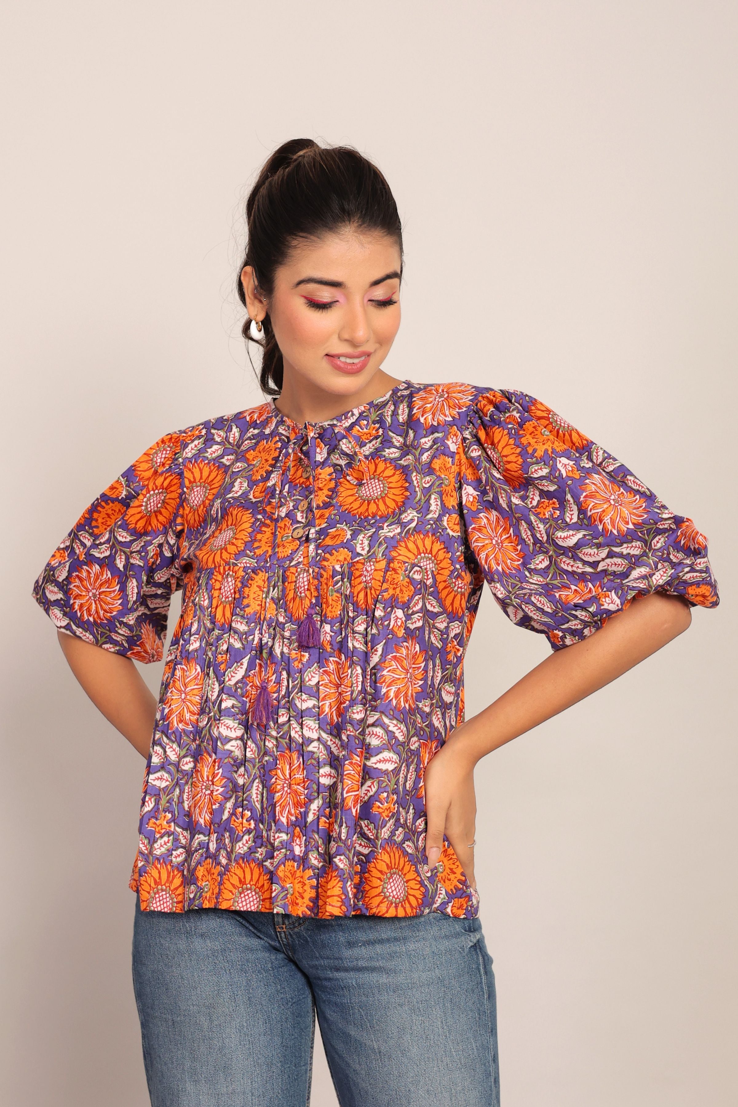 Orange and Multicolor Floral Cotton Summer Relaxed Top - Kaoribyshreya