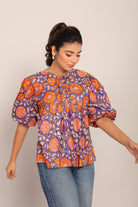 Orange and Multicolor Floral Cotton Summer Relaxed Top - Kaoribyshreya