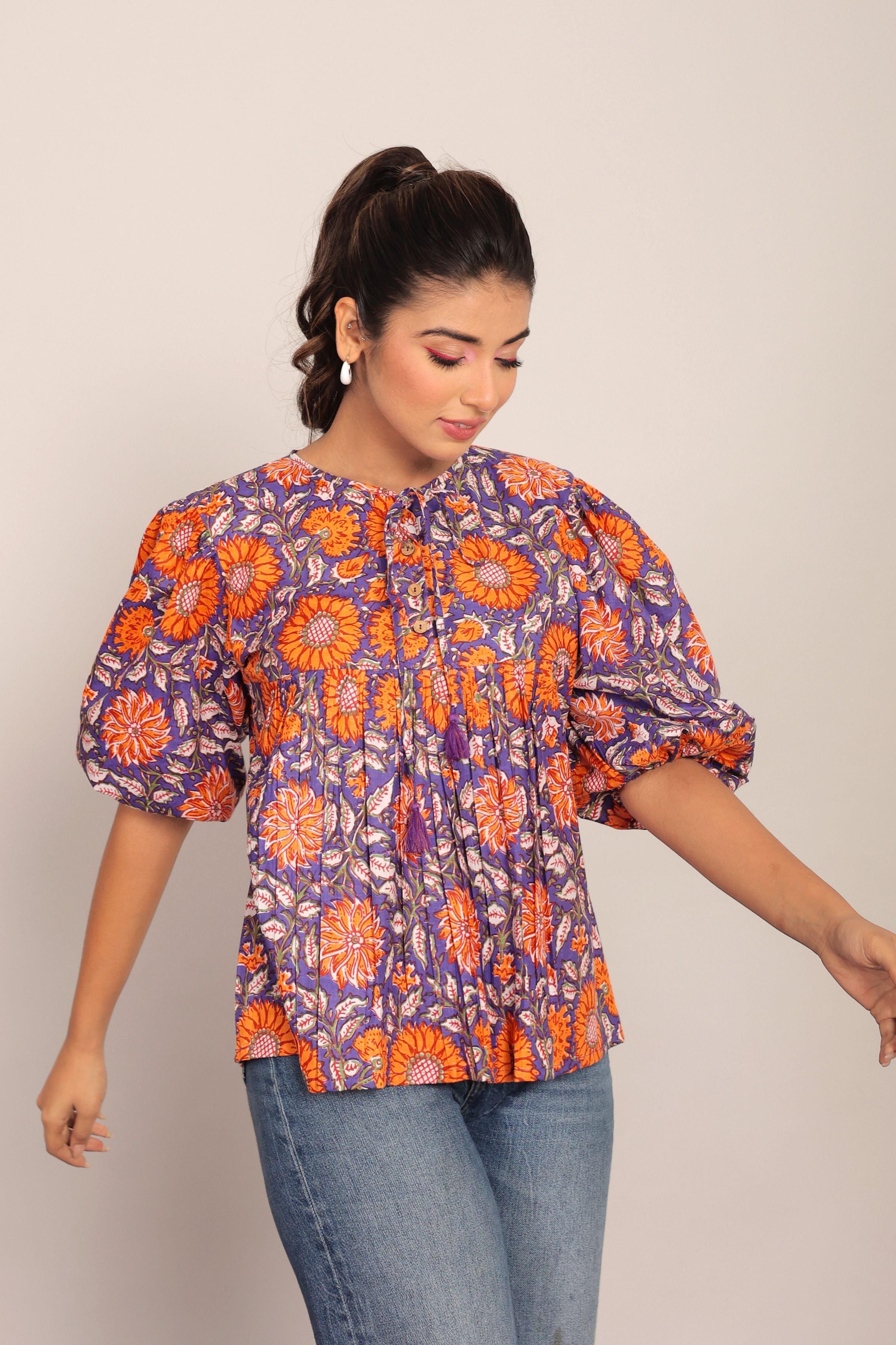 Orange and Multicolor Floral Cotton Summer Relaxed Top - Kaoribyshreya