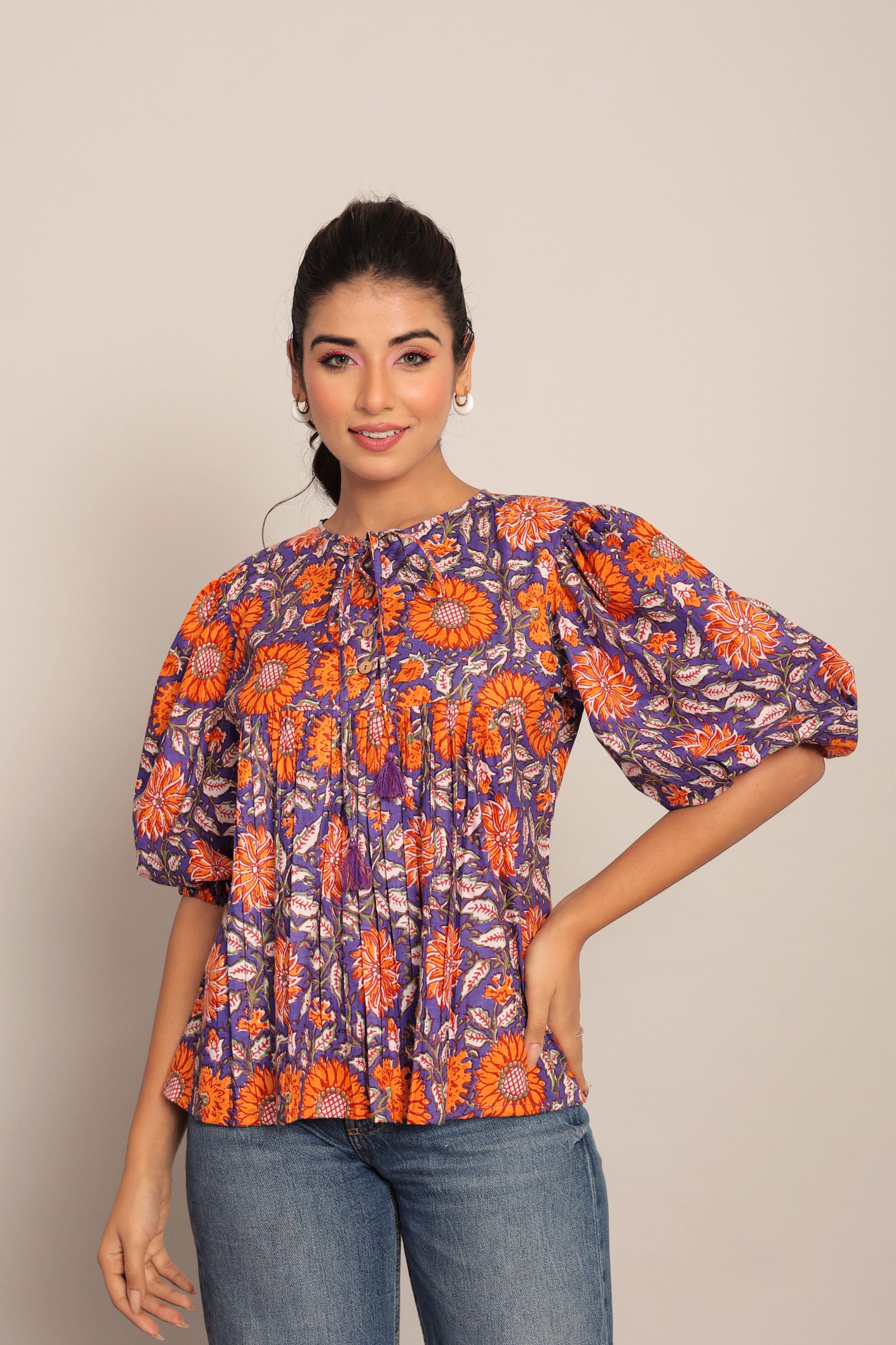 Orange and Multicolor Floral Cotton Summer Relaxed Top - Kaoribyshreya