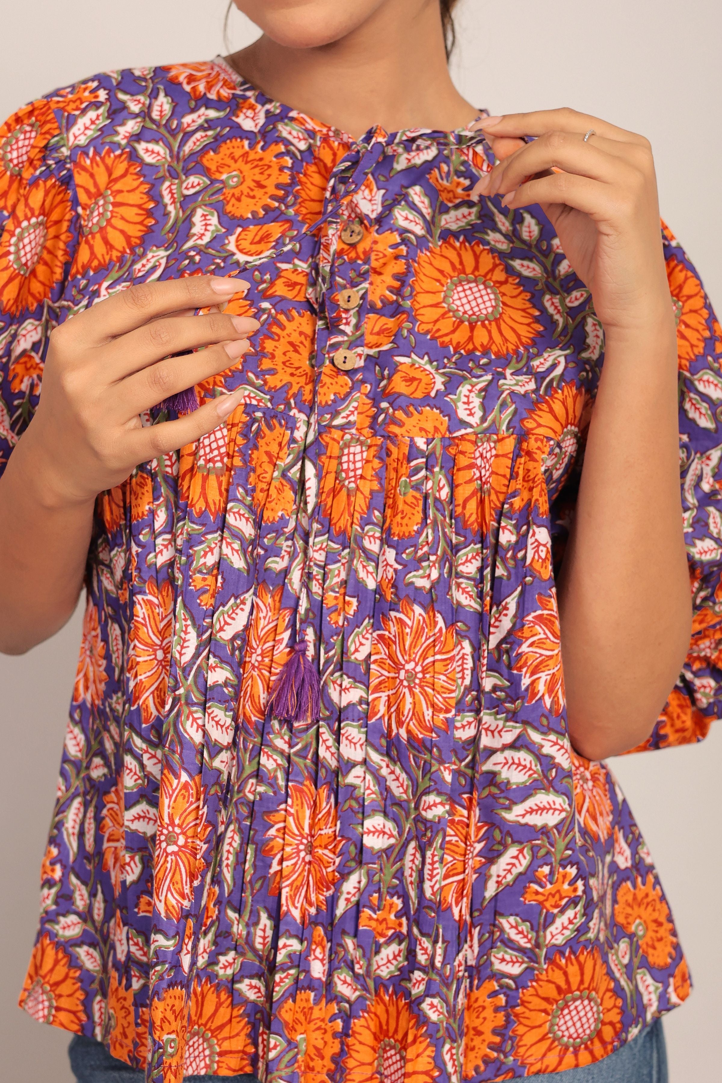 Orange and Multicolor Floral Cotton Summer Relaxed Top - Kaoribyshreya