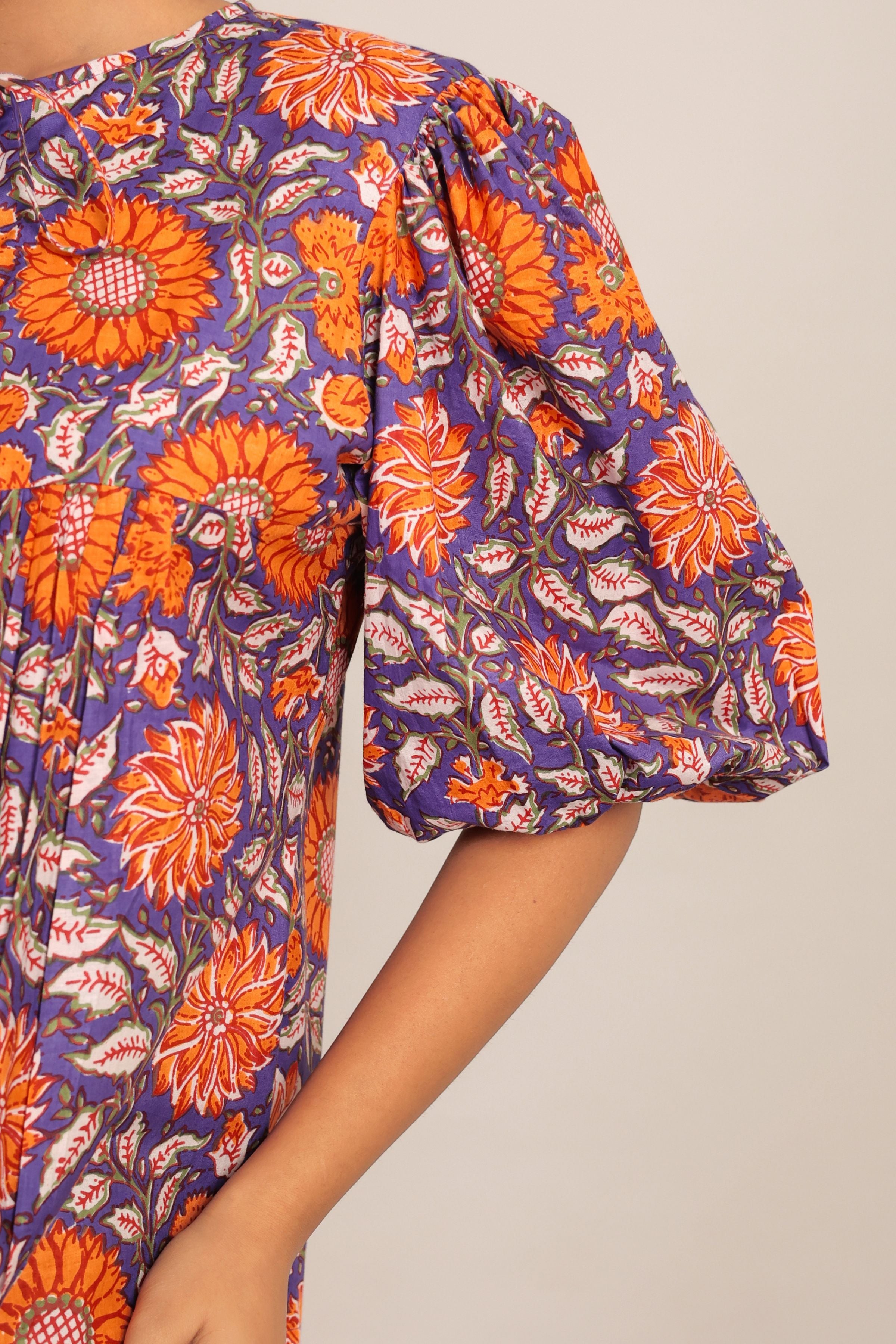 Orange and Multicolor Floral Cotton Summer Relaxed Top - Kaoribyshreya