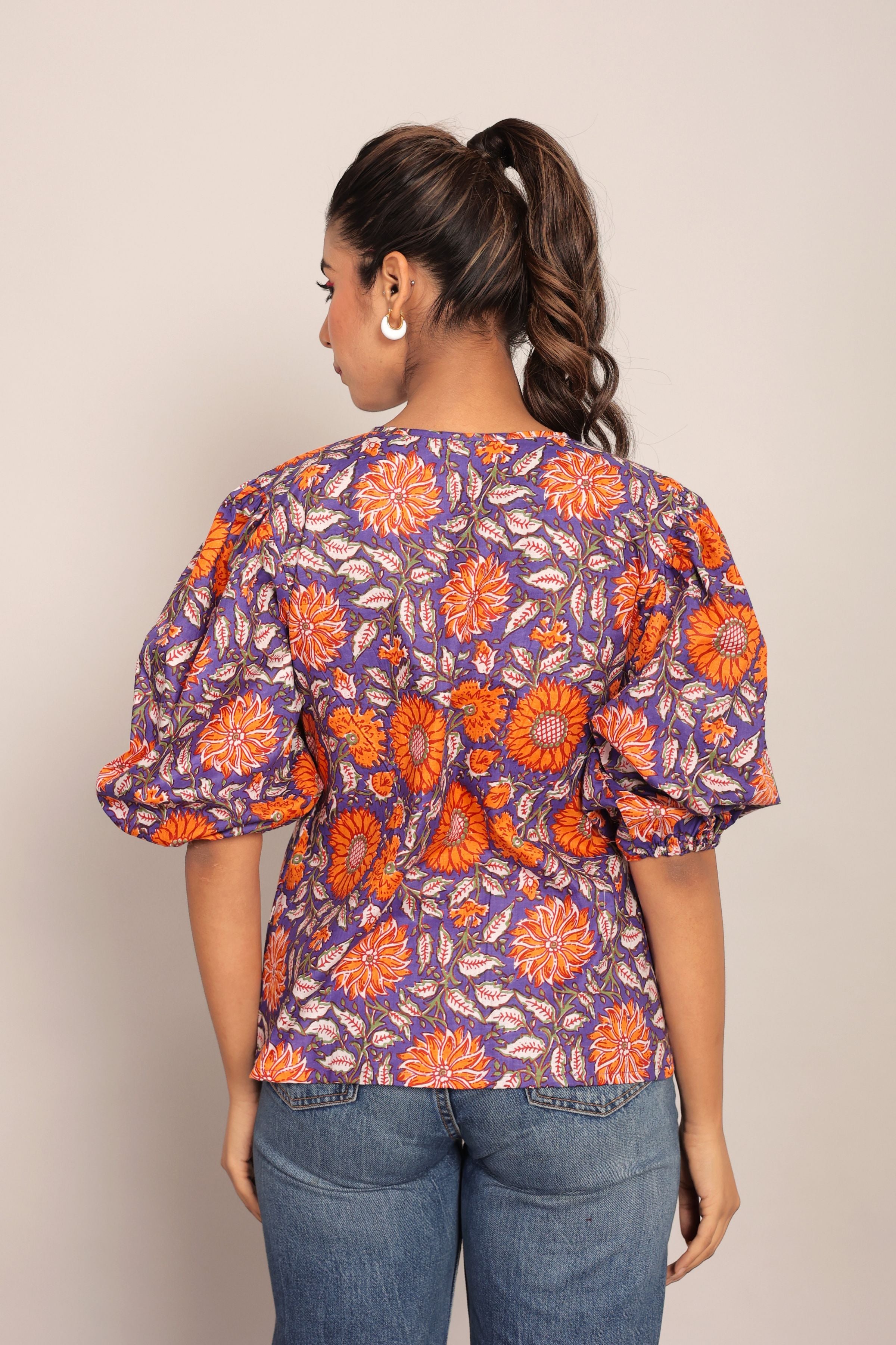 Orange and Multicolor Floral Cotton Summer Relaxed Top - Kaoribyshreya