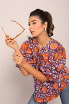 Orange and Multicolor Floral Cotton Summer Relaxed Top - Kaoribyshreya