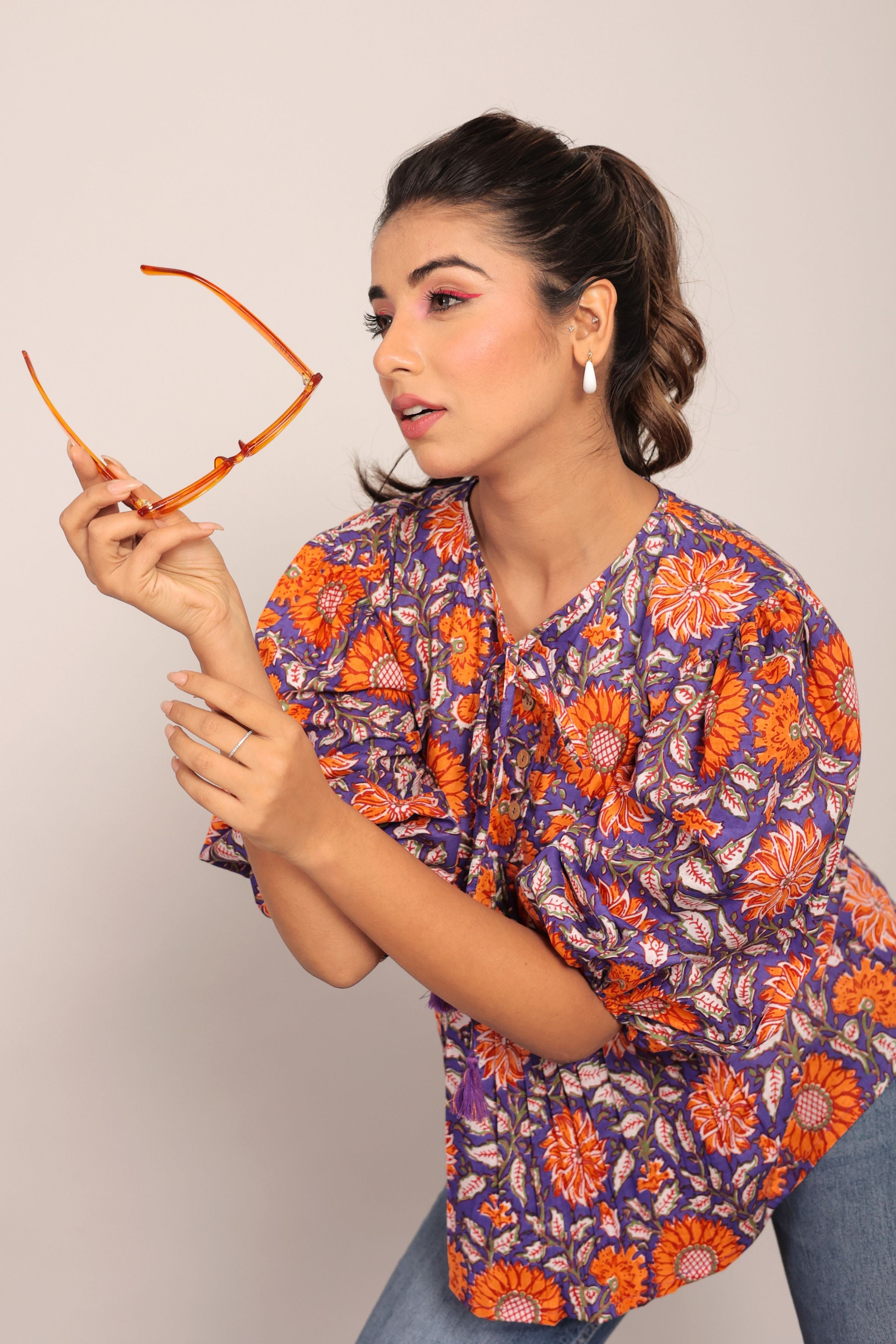 Orange and Multicolor Floral Cotton Summer Relaxed Top - Kaoribyshreya