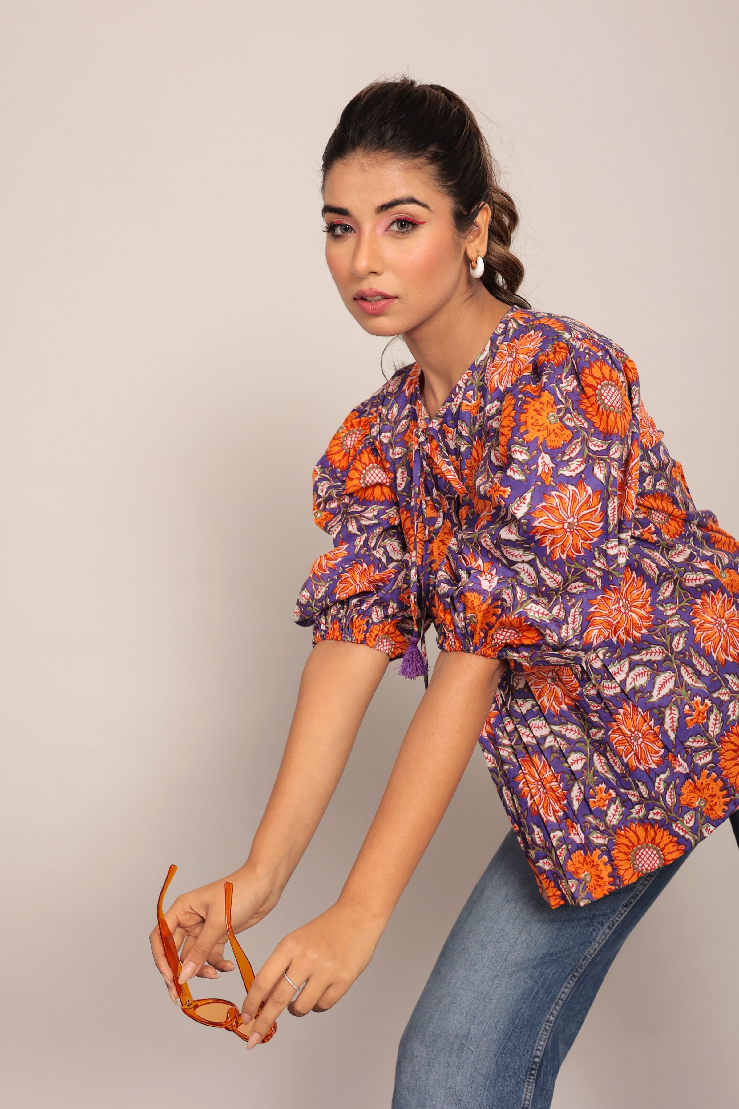 Orange and Multicolor Floral Cotton Summer Relaxed Top - Kaoribyshreya