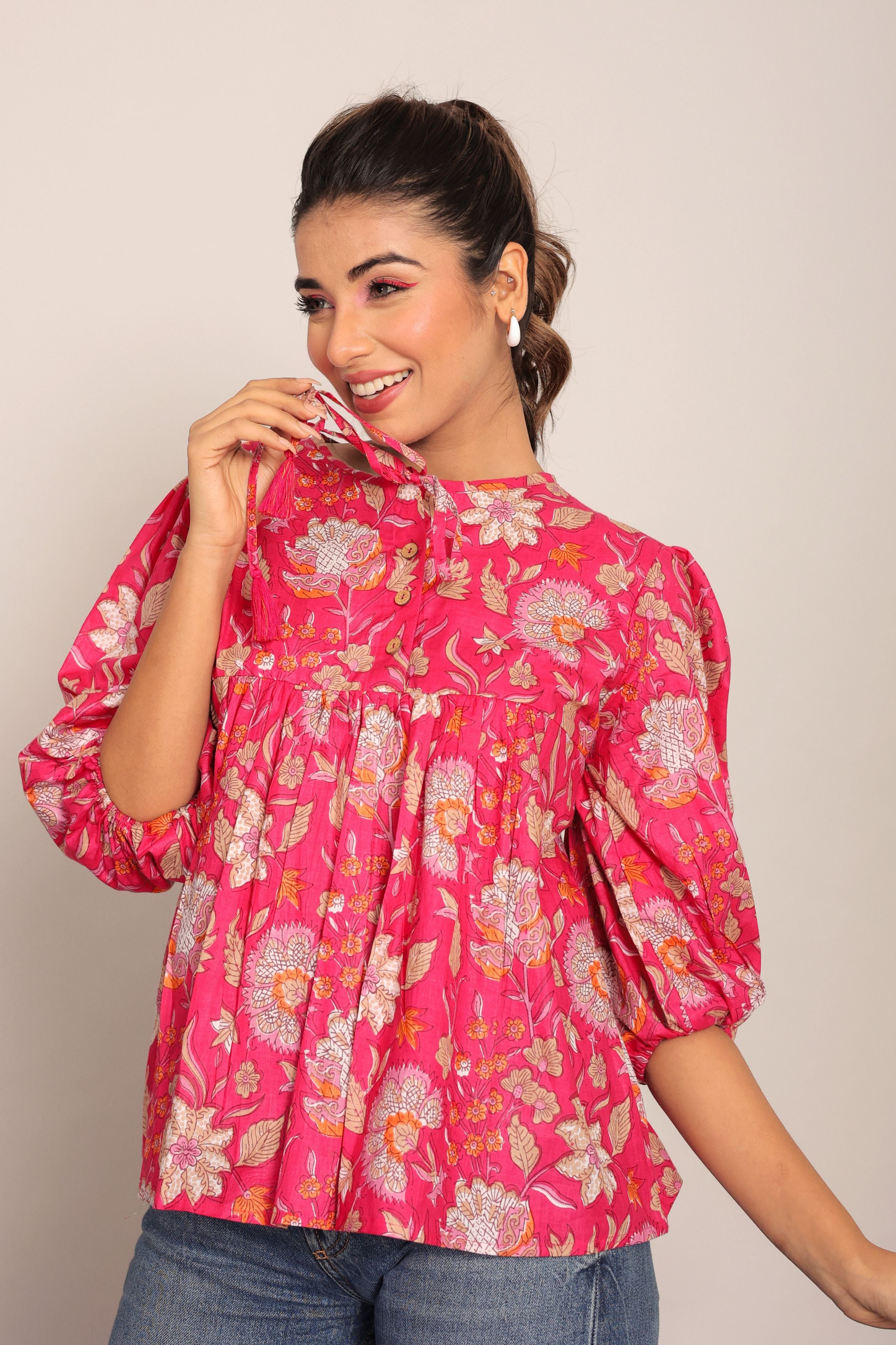 Pink and Multicolor Floral Summer Top - Kaoribyshreya