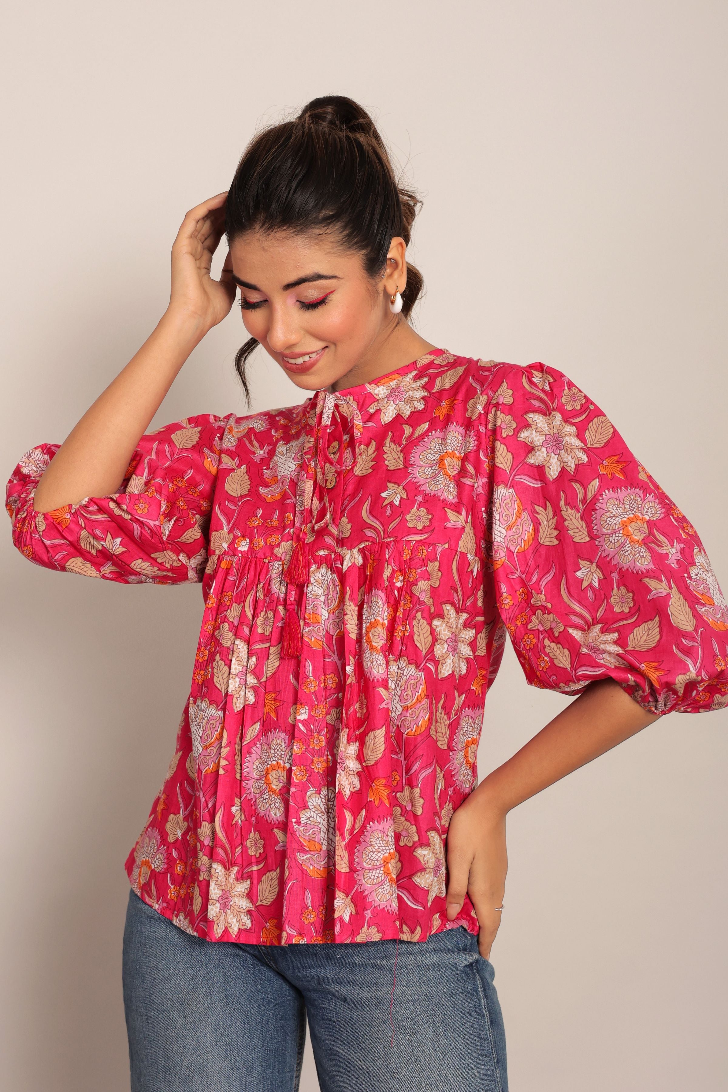 Pink and Multicolor Floral Summer Top - Kaoribyshreya