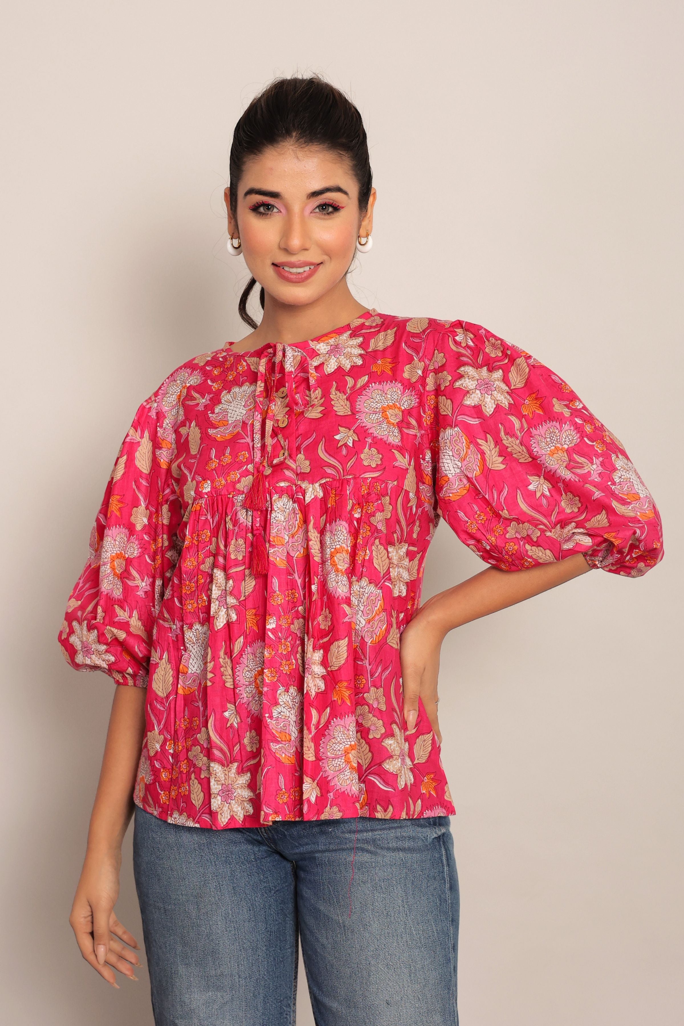 Pink and Multicolor Floral Summer Top - Kaoribyshreya
