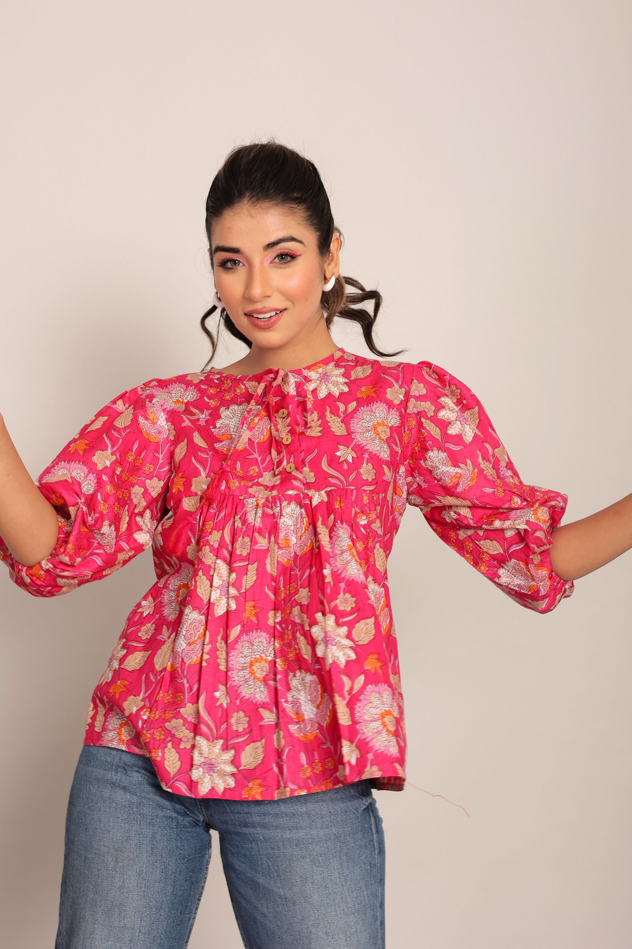 Pink and Multicolor Floral Summer Top - Kaoribyshreya