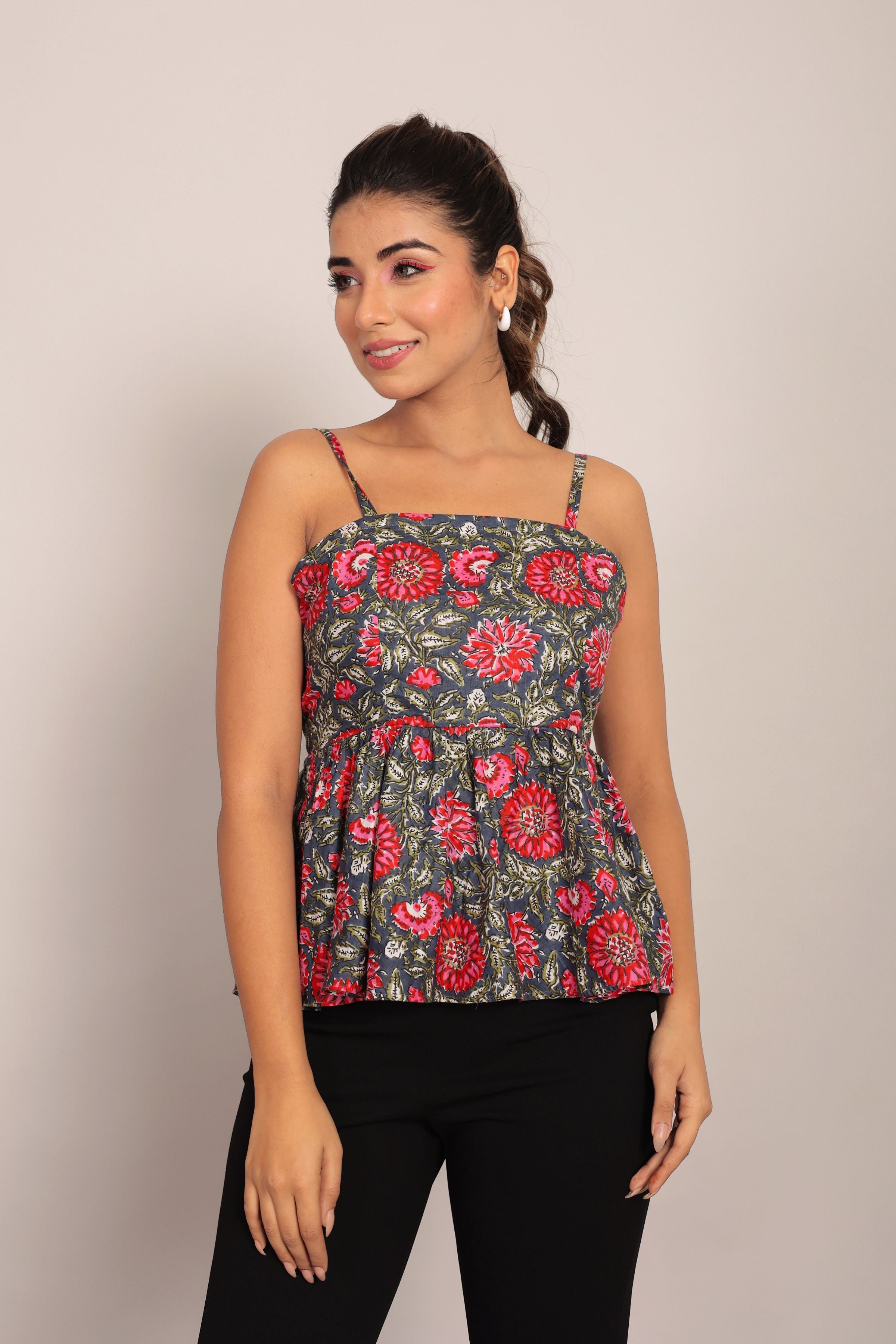Pink and Multicolor Printed Peplum top with Back tie up - Kaoribyshreya