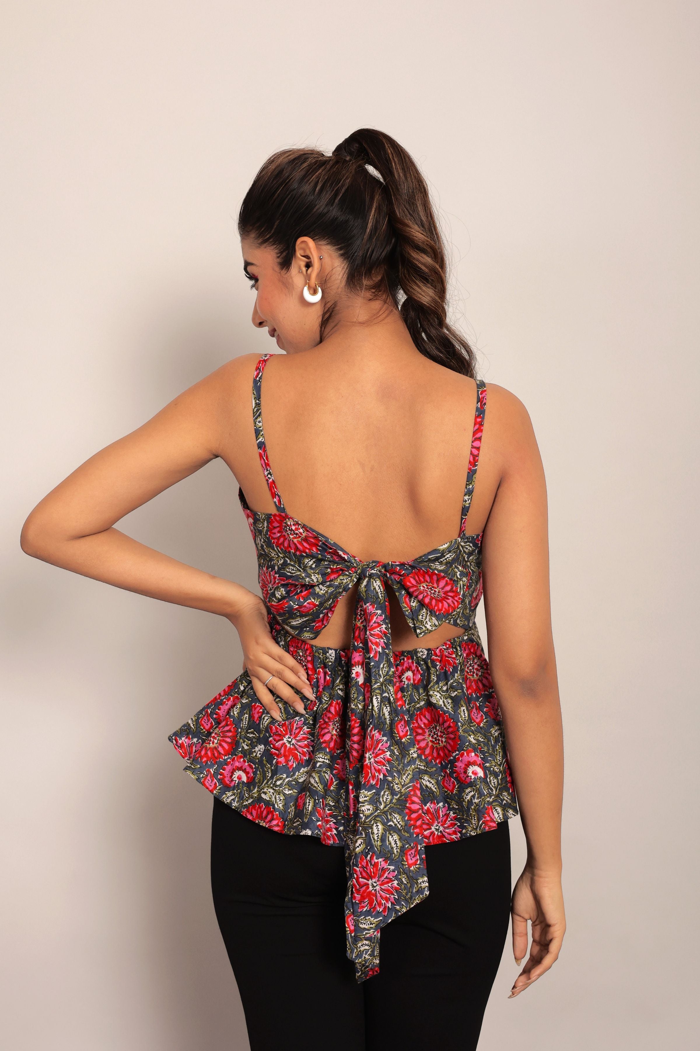 Pink and Multicolor Printed Peplum top with Back tie up - Kaoribyshreya