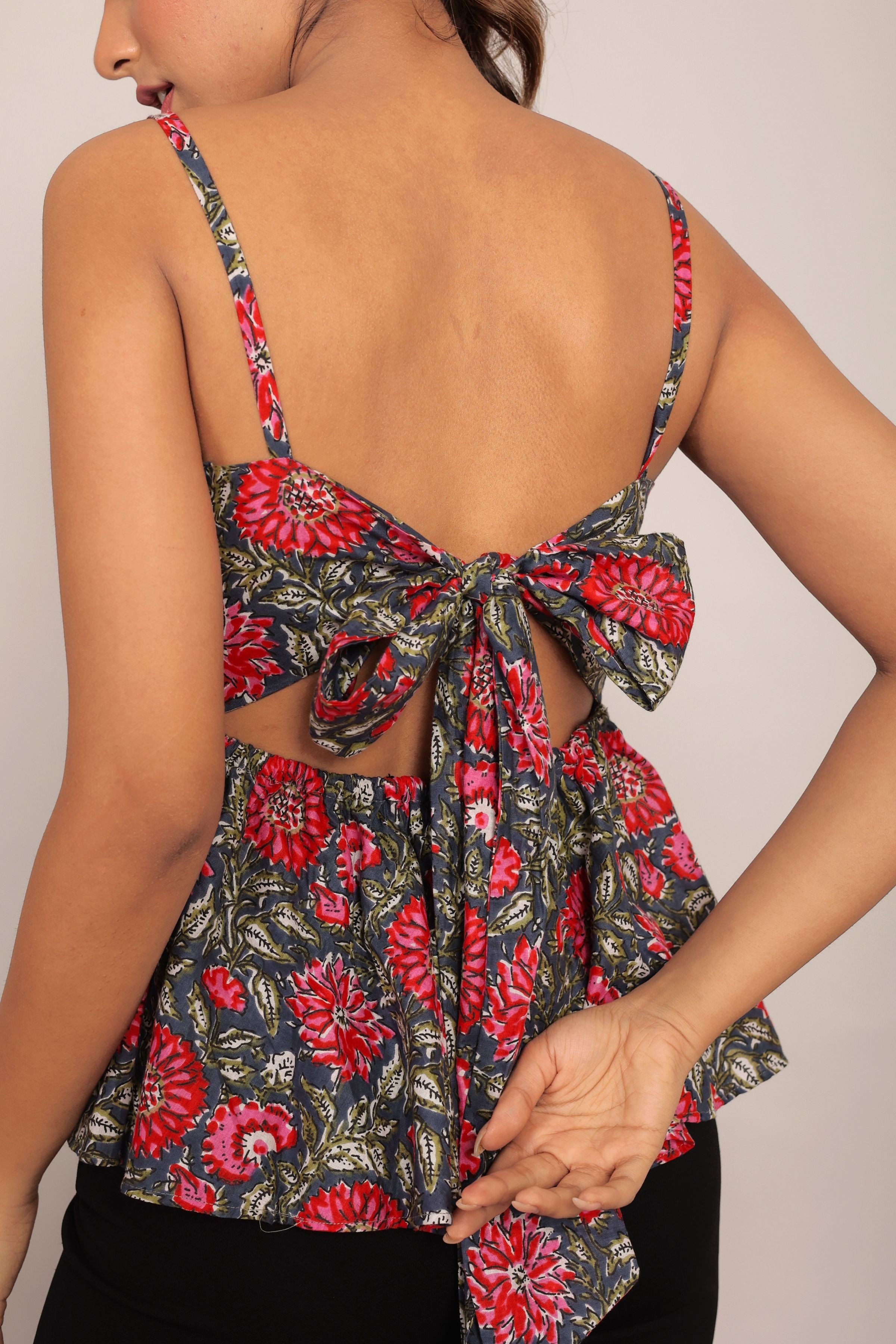 Pink and Multicolor Printed Peplum top with Back tie up - Kaoribyshreya