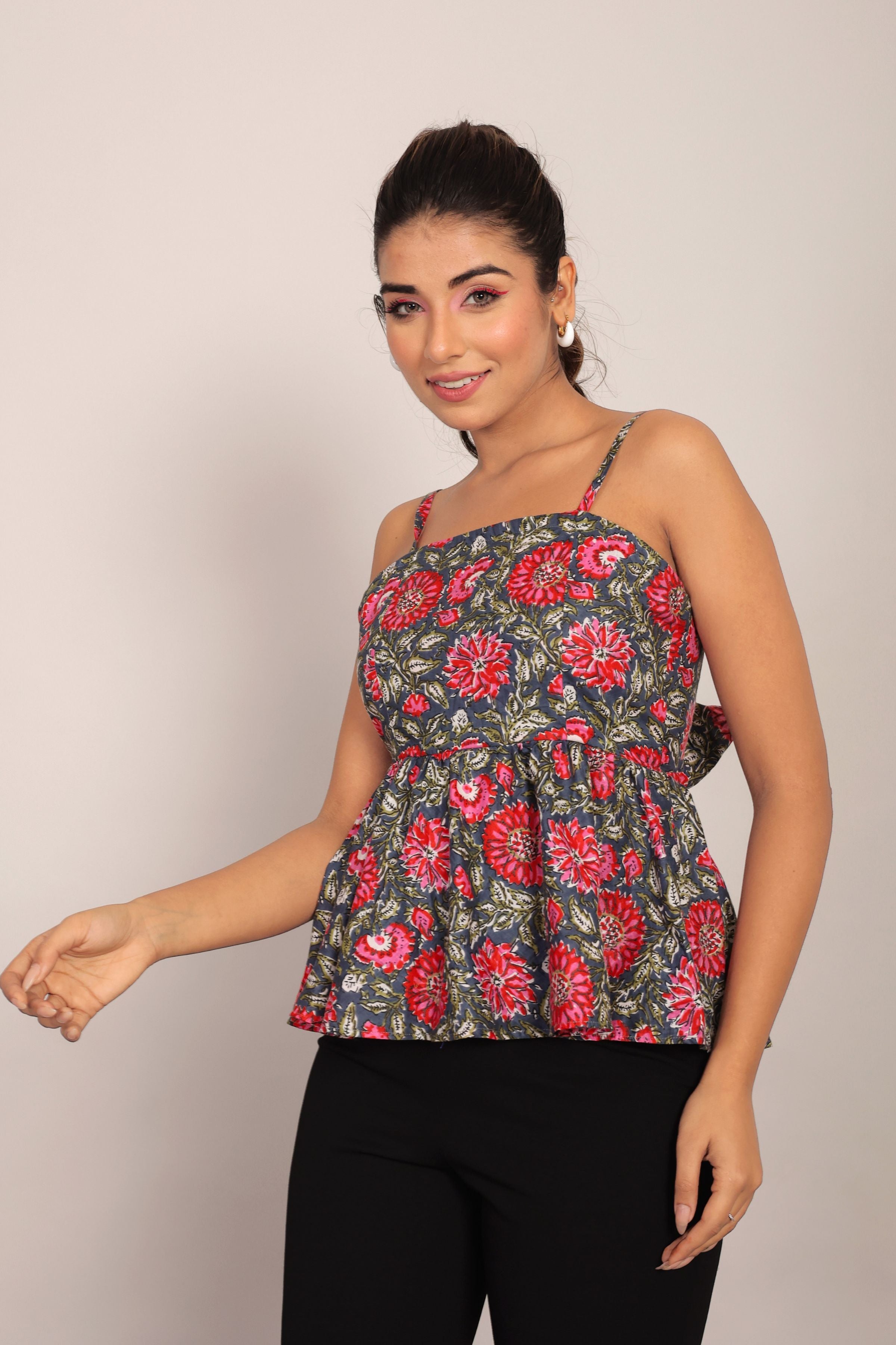 Pink and Multicolor Printed Peplum top with Back tie up - Kaoribyshreya