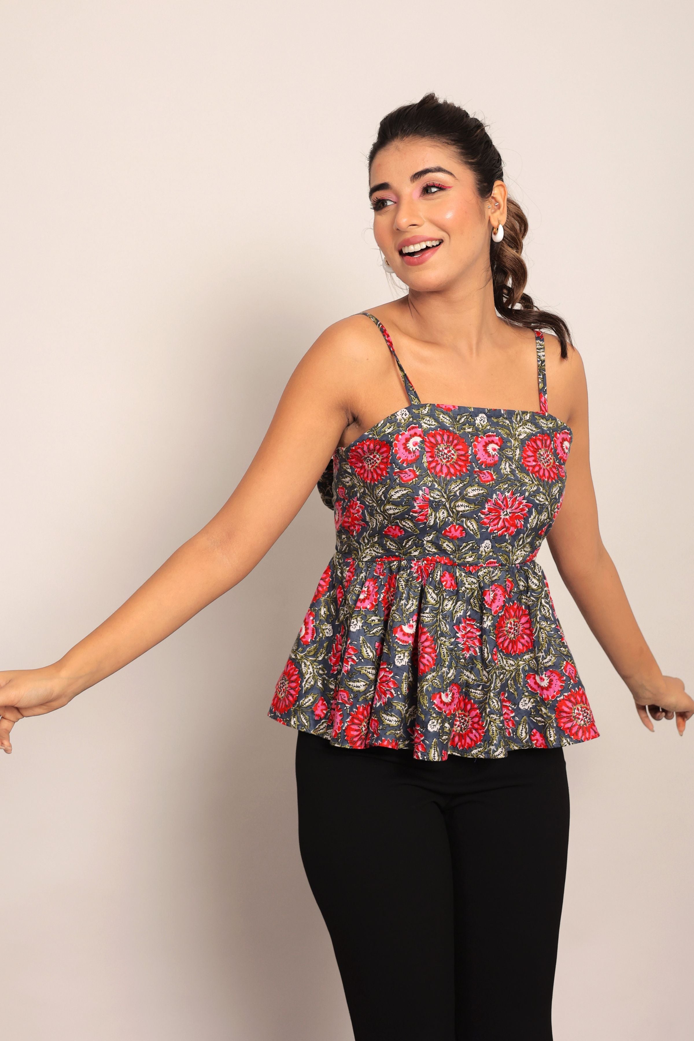 Pink and Multicolor Printed Peplum top with Back tie up - Kaoribyshreya