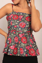 Pink and Multicolor Printed Peplum top with Back tie up - Kaoribyshreya