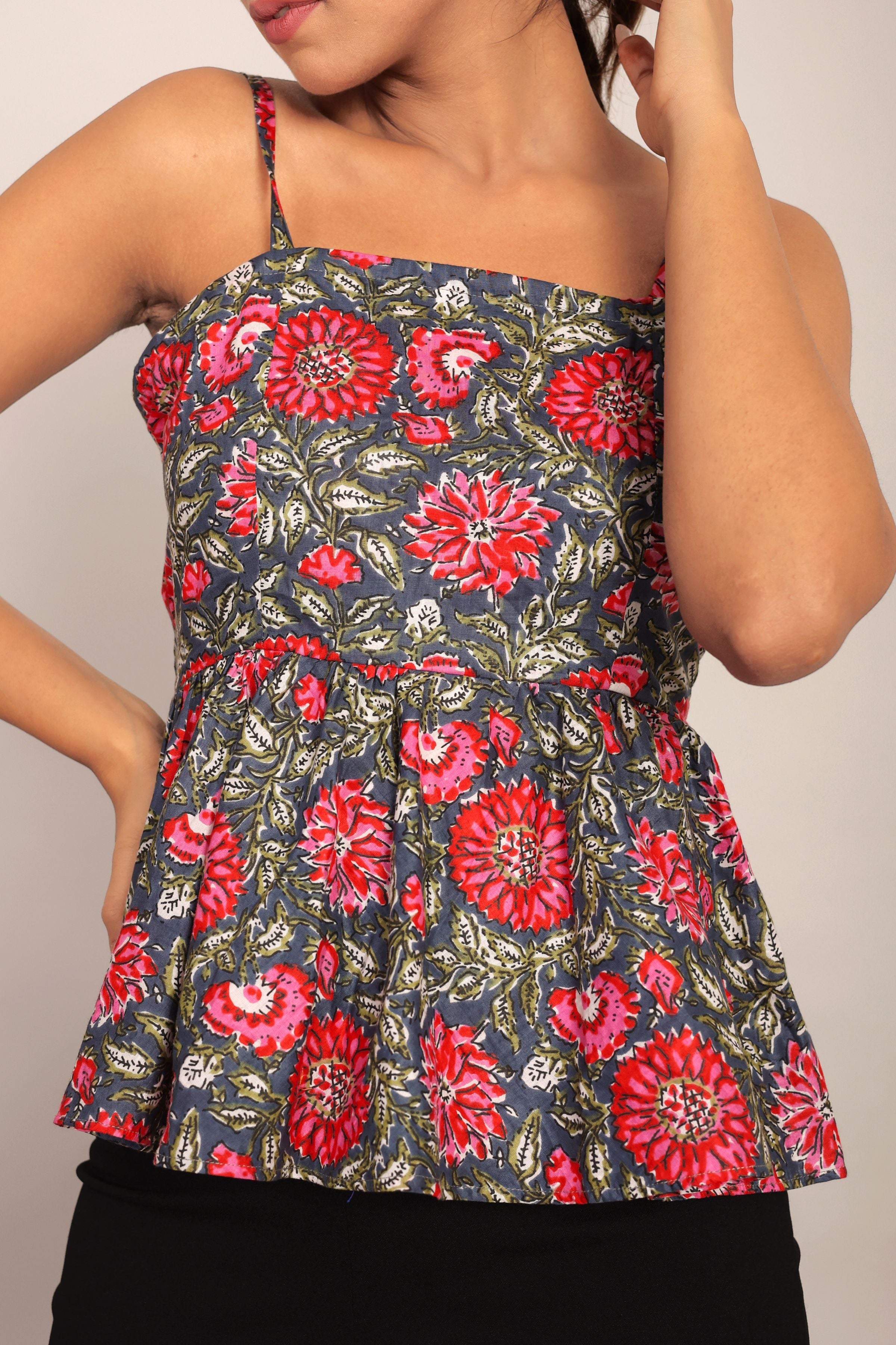 Pink and Multicolor Printed Peplum top with Back tie up - Kaoribyshreya