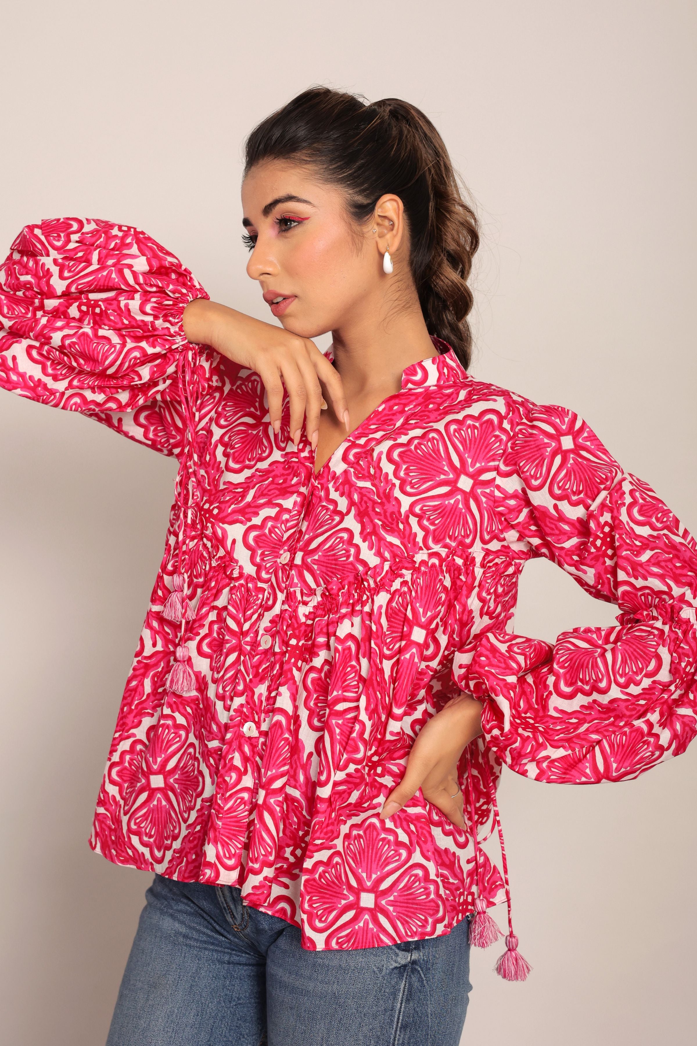 Pink and White Floral Summer Relaxed Top With Collar Neckline - Kaoribyshreya