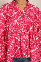 Pink and White Floral Summer Relaxed Top With Collar Neckline - Kaoribyshreya
