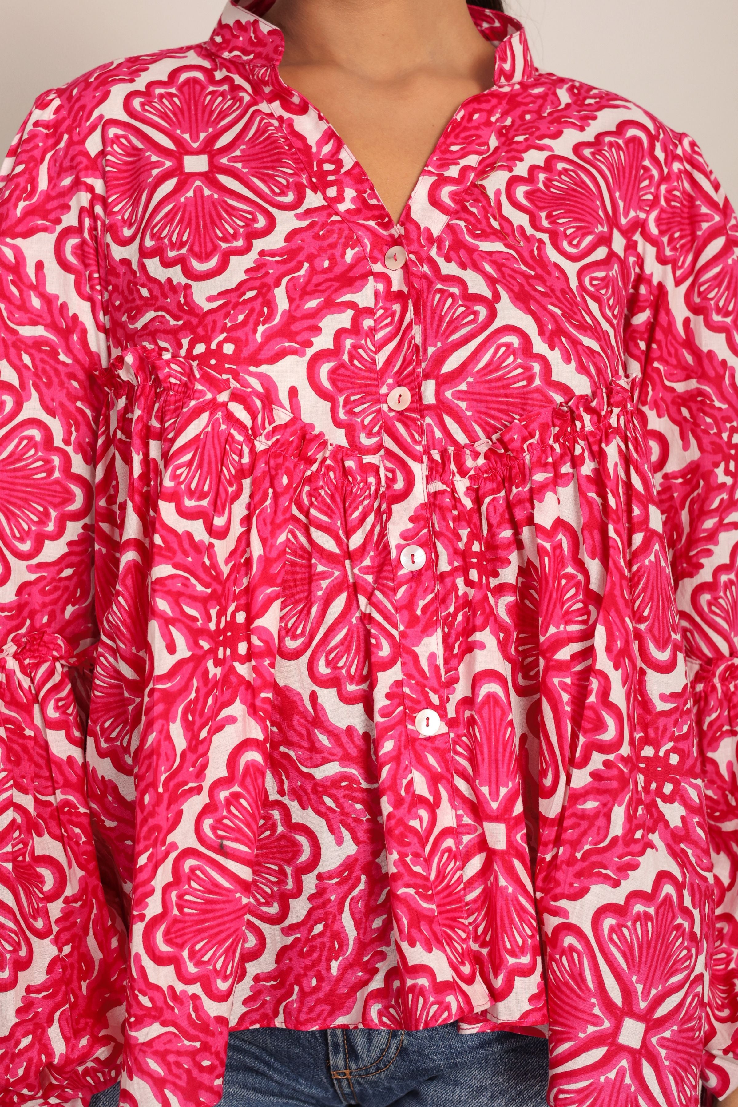 Pink and White Floral Summer Relaxed Top With Collar Neckline - Kaoribyshreya