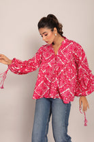 Pink and White Floral Summer Relaxed Top With Collar Neckline - Kaoribyshreya