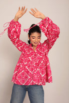 Pink and White Floral Summer Relaxed Top With Collar Neckline - Kaoribyshreya