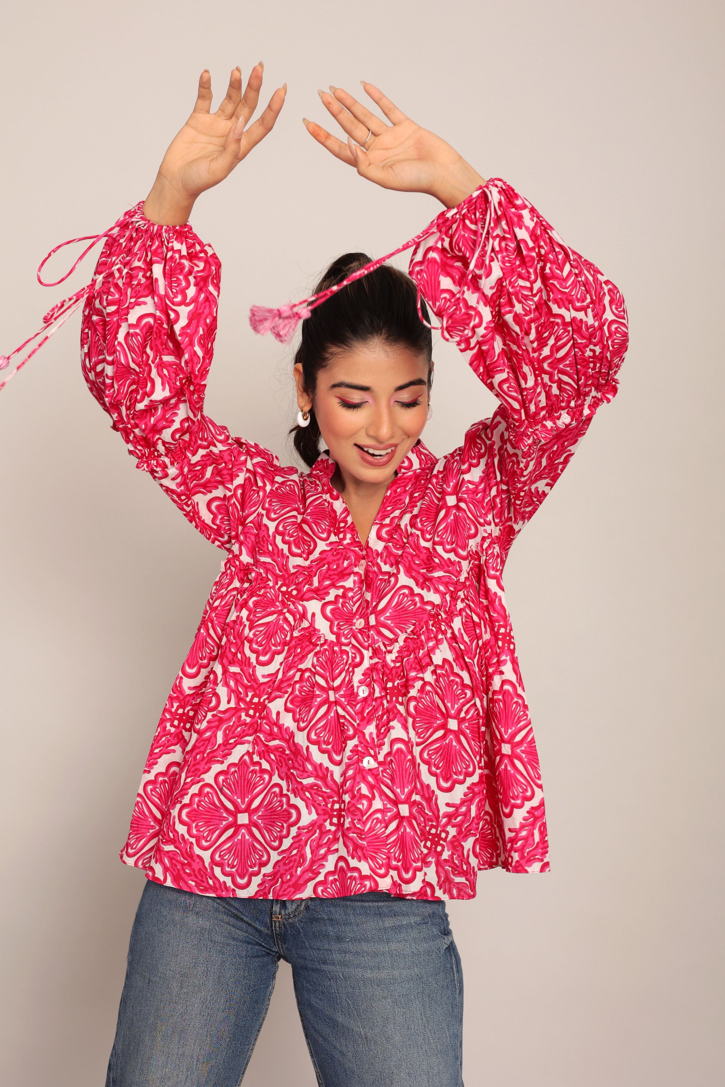 Pink and White Floral Summer Relaxed Top With Collar Neckline - Kaoribyshreya