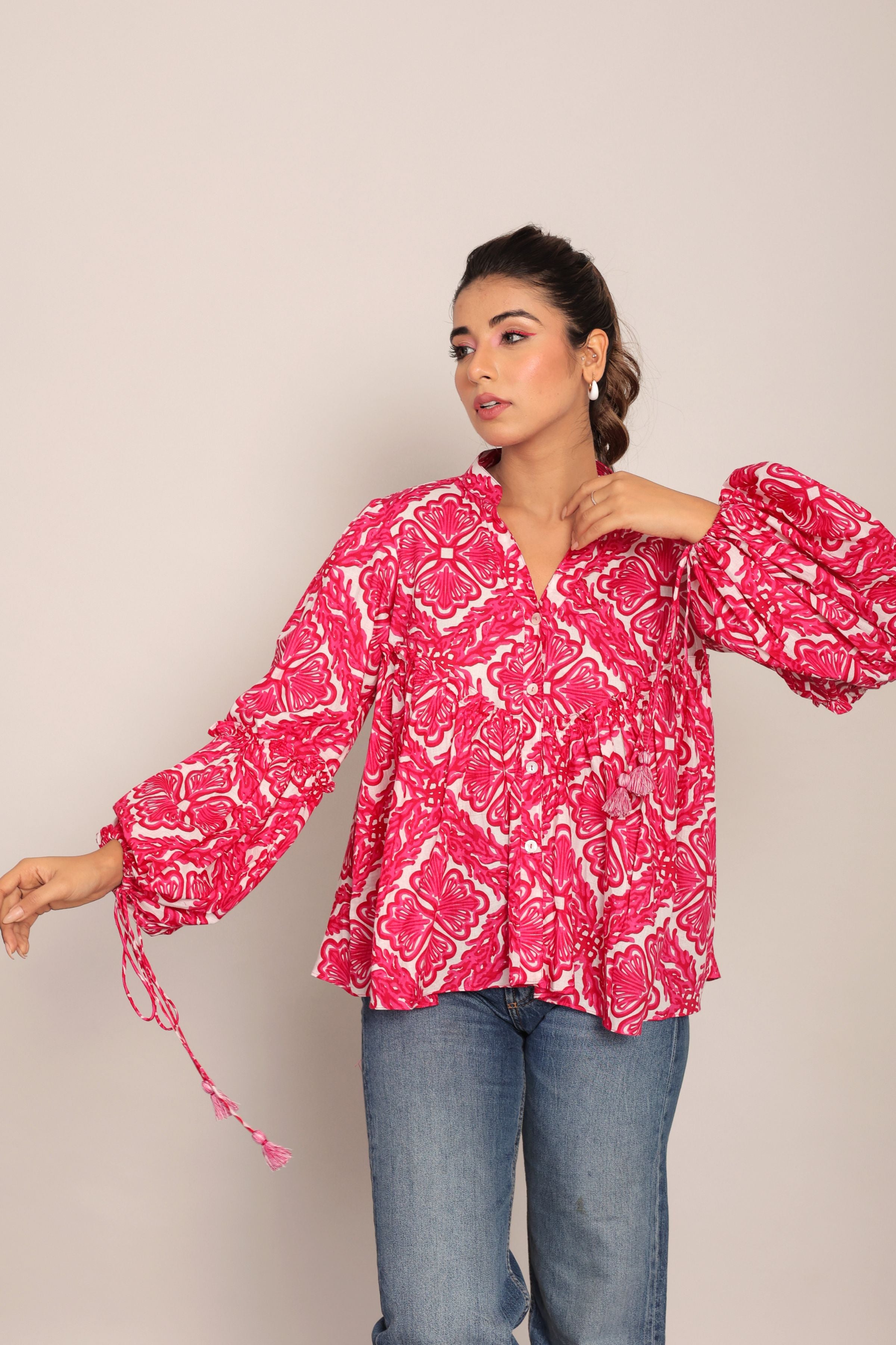 Pink and White Floral Summer Relaxed Top With Collar Neckline - Kaoribyshreya