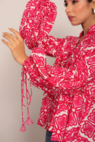 Pink and White Floral Summer Relaxed Top With Collar Neckline - Kaoribyshreya