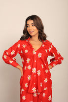 Red and White Floral Printed Western Shirt - Kaoribyshreya