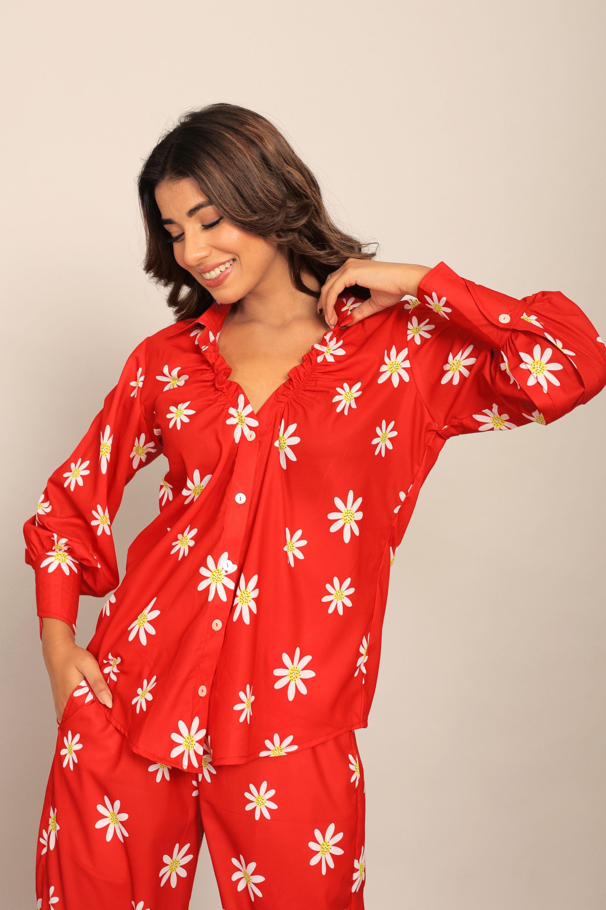 Red and White Floral Printed Western Shirt - Kaoribyshreya