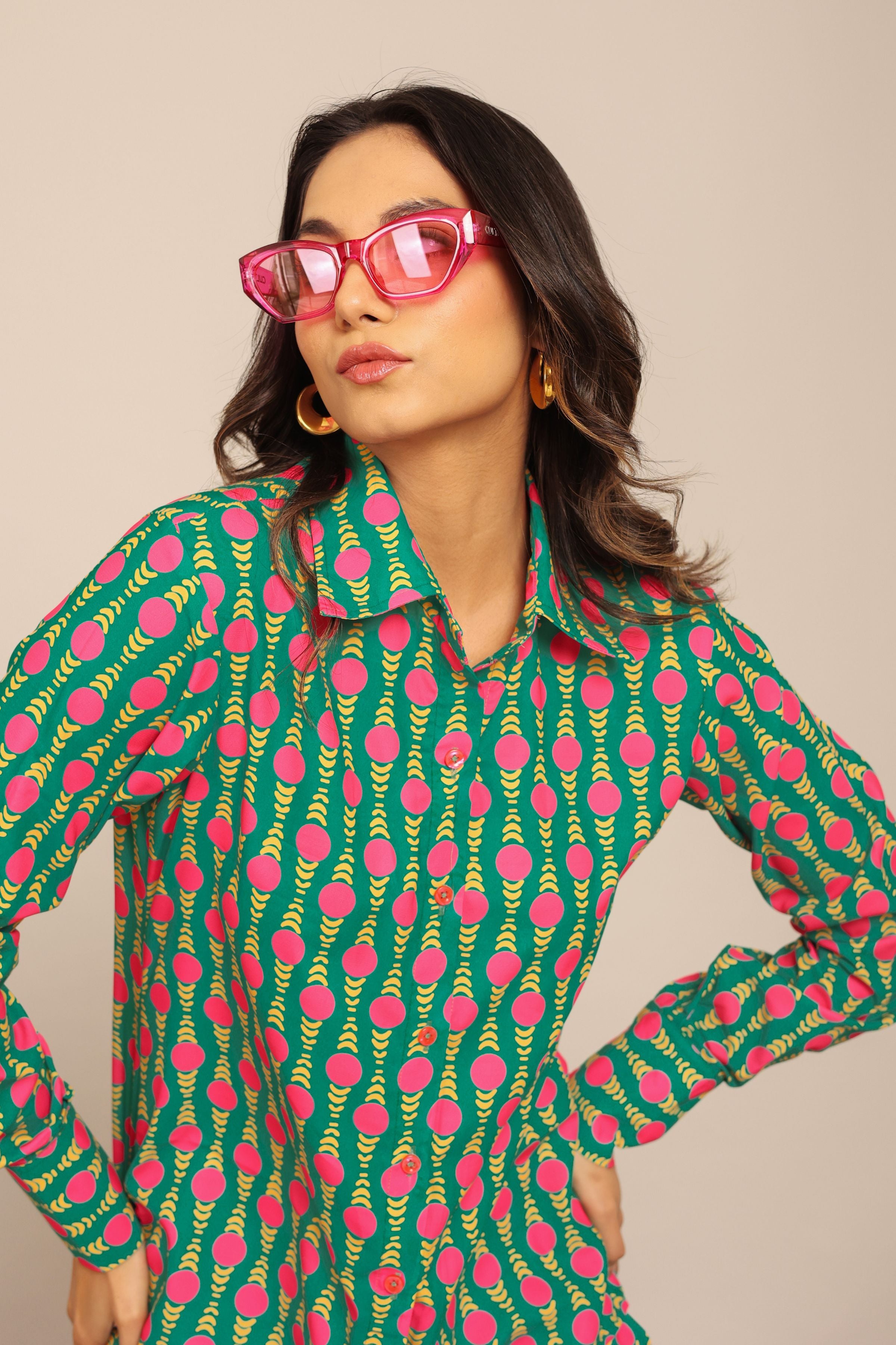 Sea Green and Pink Relaxed Shirt with Collar and Closer 5 Buttons - Kaoribyshreya