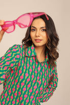 Sea Green and Pink Relaxed Shirt with Collar and Closer 5 Buttons - Kaoribyshreya
