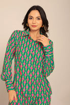 Sea Green and Pink Relaxed Shirt with Collar and Closer 5 Buttons - Kaoribyshreya