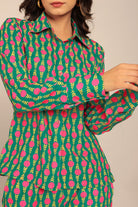 Sea Green and Pink Relaxed Shirt with Collar and Closer 5 Buttons - Kaoribyshreya