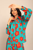 Sea Green and Red Floral Printed Relaxed Shirt with Collar and Closer 6 Buttons - Kaoribyshreya