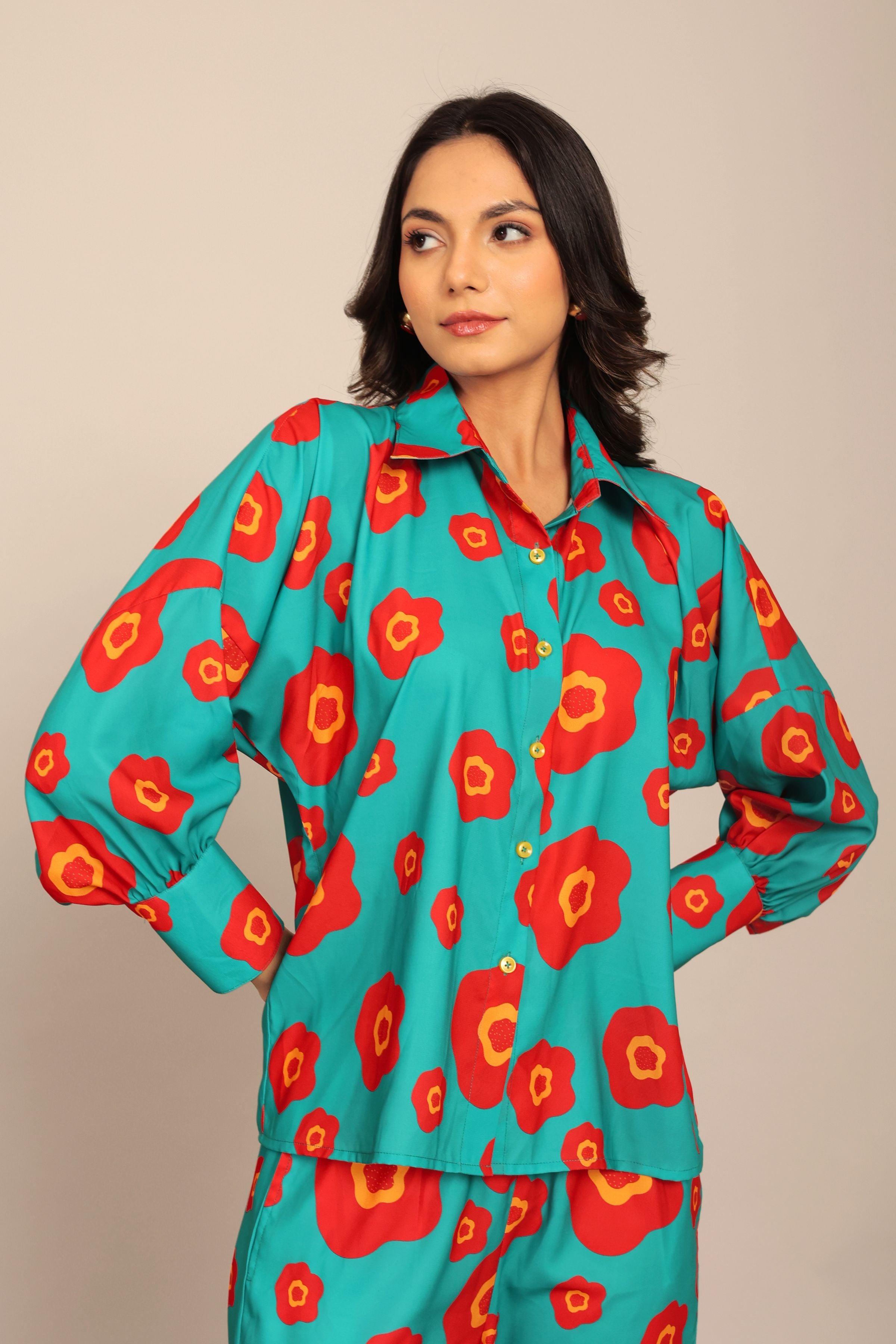 Sea Green and Red Floral Printed Relaxed Shirt with Collar and Closer 6 Buttons - Kaoribyshreya