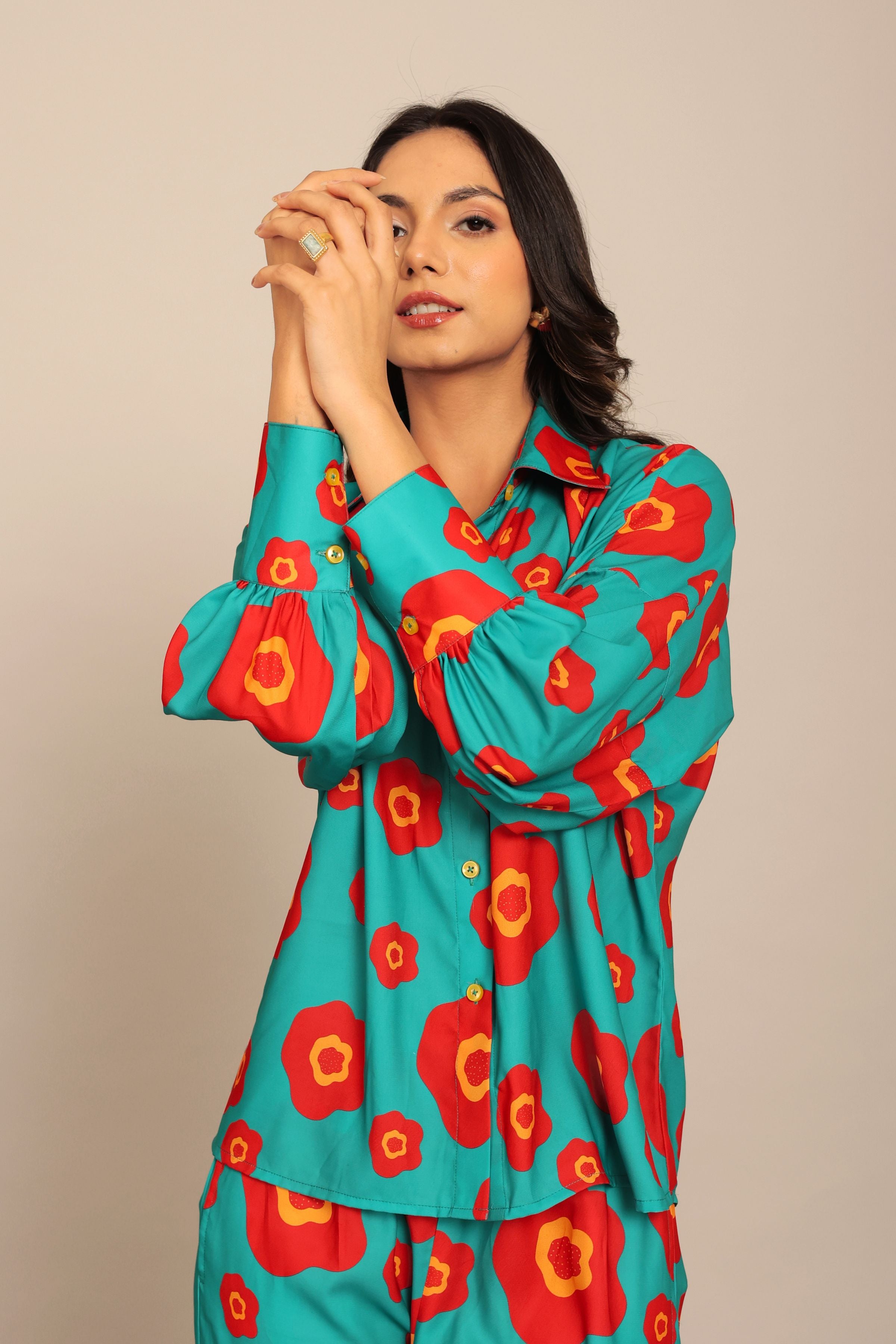 Sea Green and Red Floral Printed Relaxed Shirt with Collar and Closer 6 Buttons - Kaoribyshreya