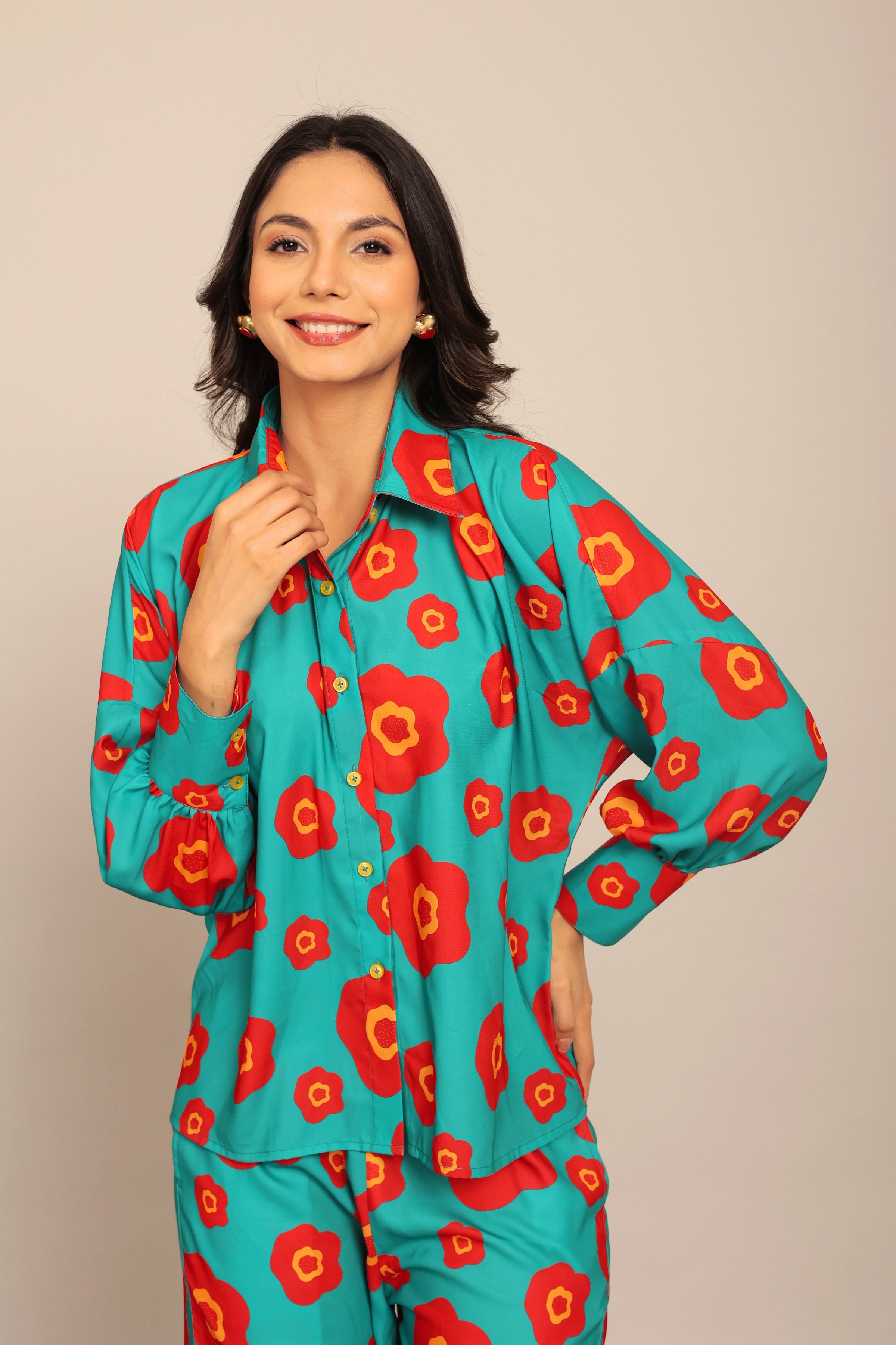 Sea Green and Red Floral Printed Relaxed Shirt with Collar and Closer 6 Buttons - Kaoribyshreya
