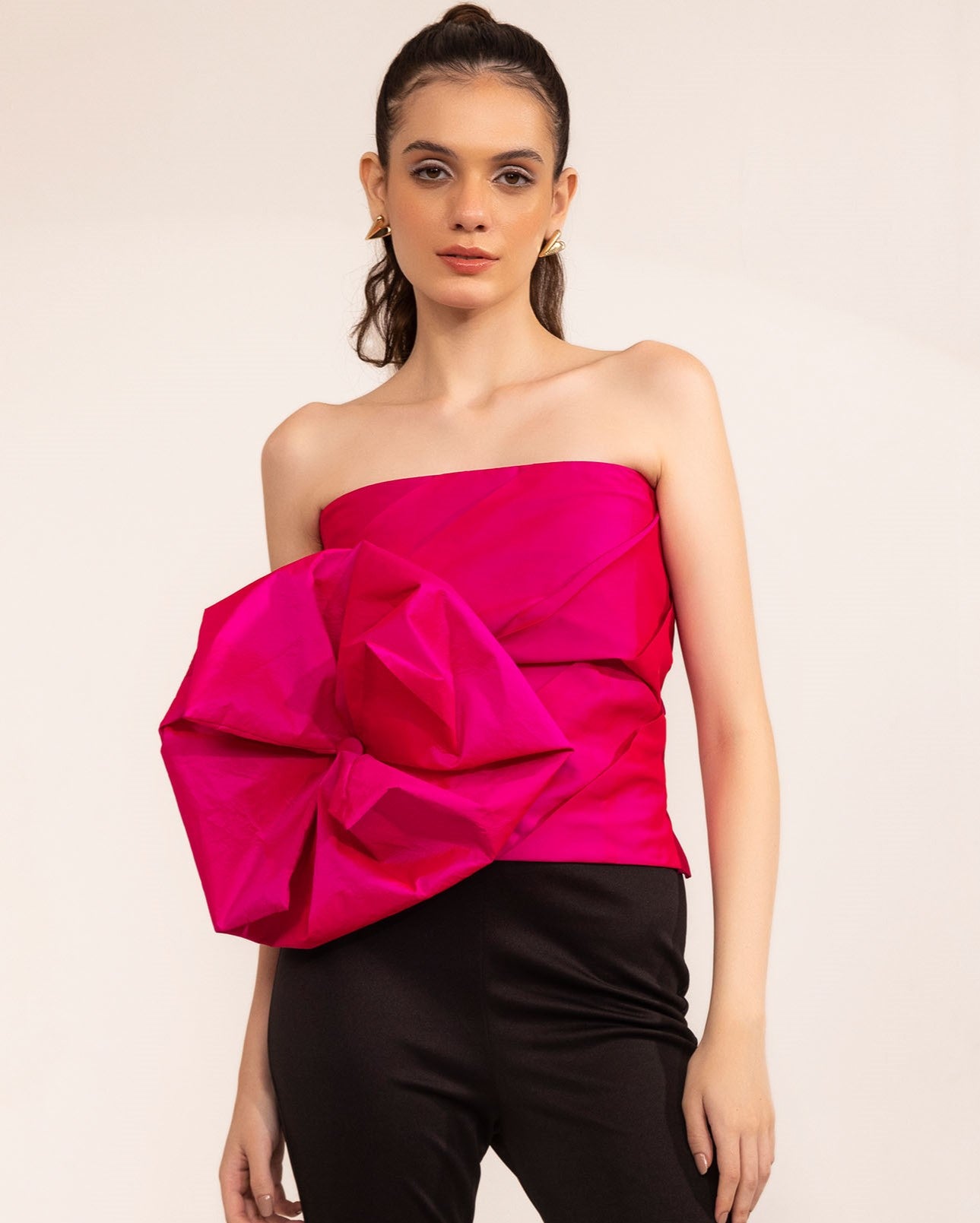 Pink Glo Pleated Bustier With Backless Crisscross Tie Up - Kaoribyshreya