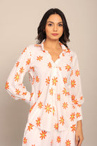 White and Orange Floral Printed Relaxed Shirt with Collar and Closer 6 Buttons - Kaoribyshreya