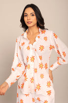 White and Orange Floral Printed Relaxed Shirt with Collar and Closer 6 Buttons - Kaoribyshreya