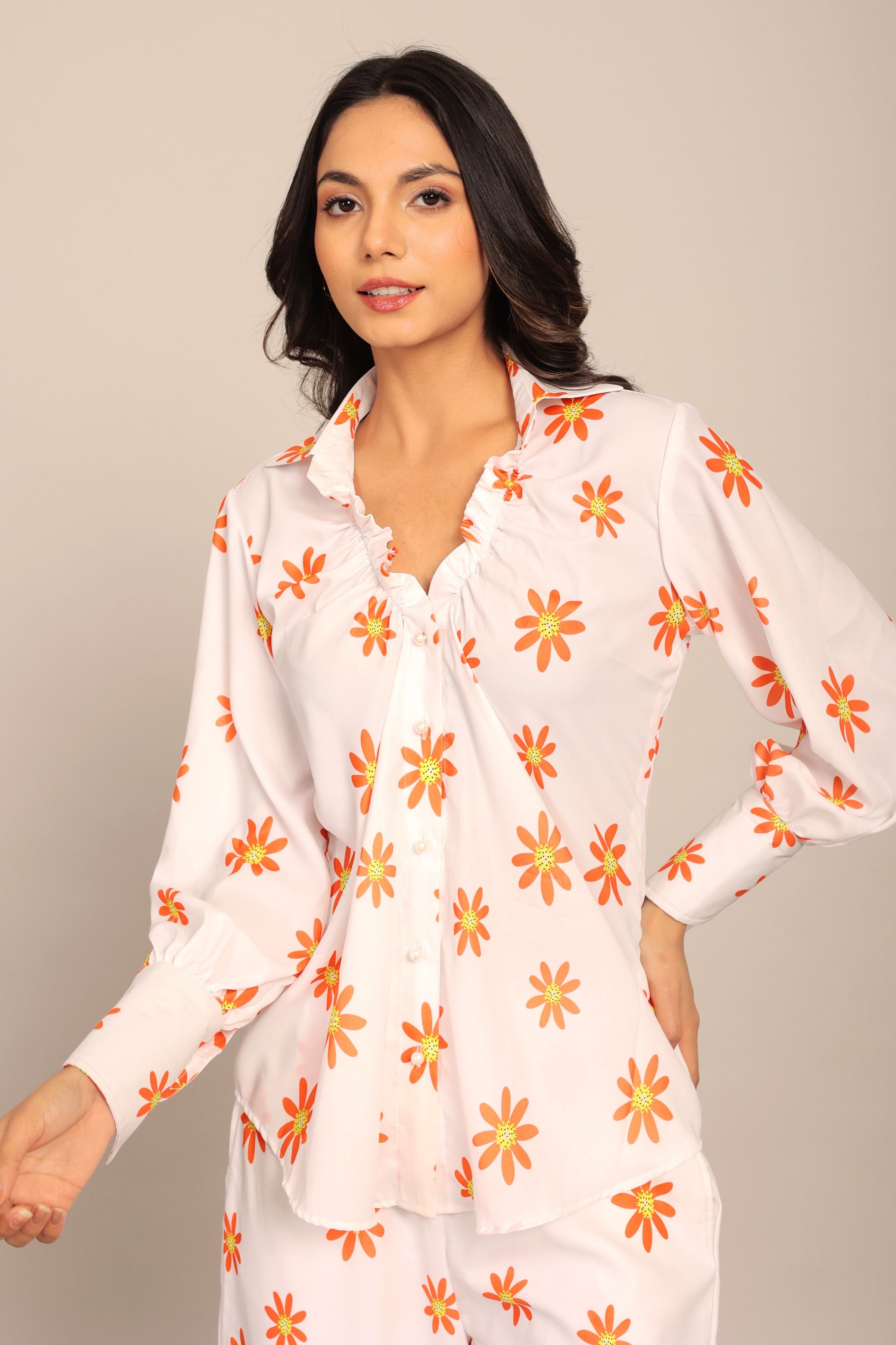 White and Orange Floral Printed Relaxed Shirt with Collar and Closer 6 Buttons - Kaoribyshreya