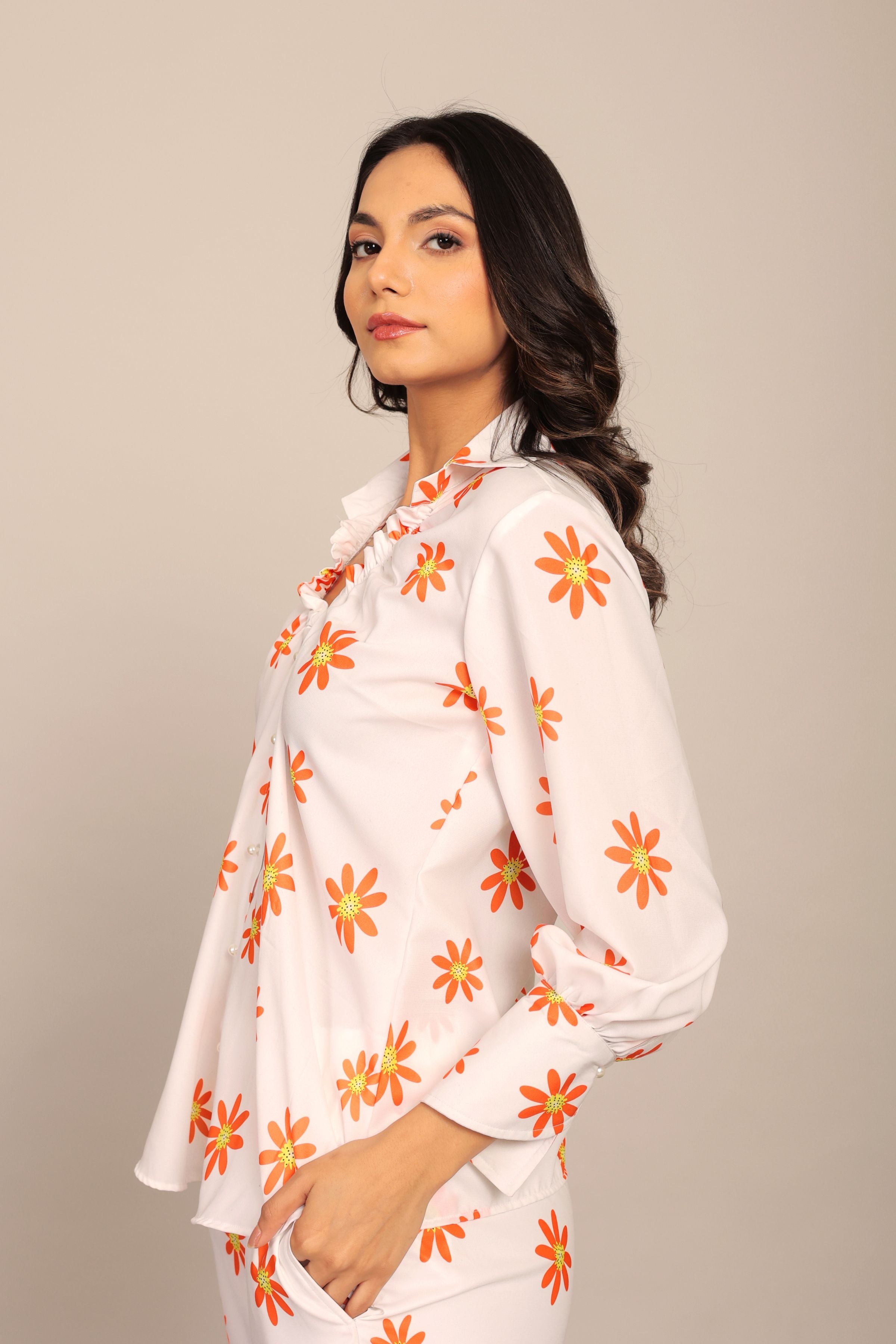 White and Orange Floral Printed Relaxed Shirt with Collar and Closer 6 Buttons - Kaoribyshreya