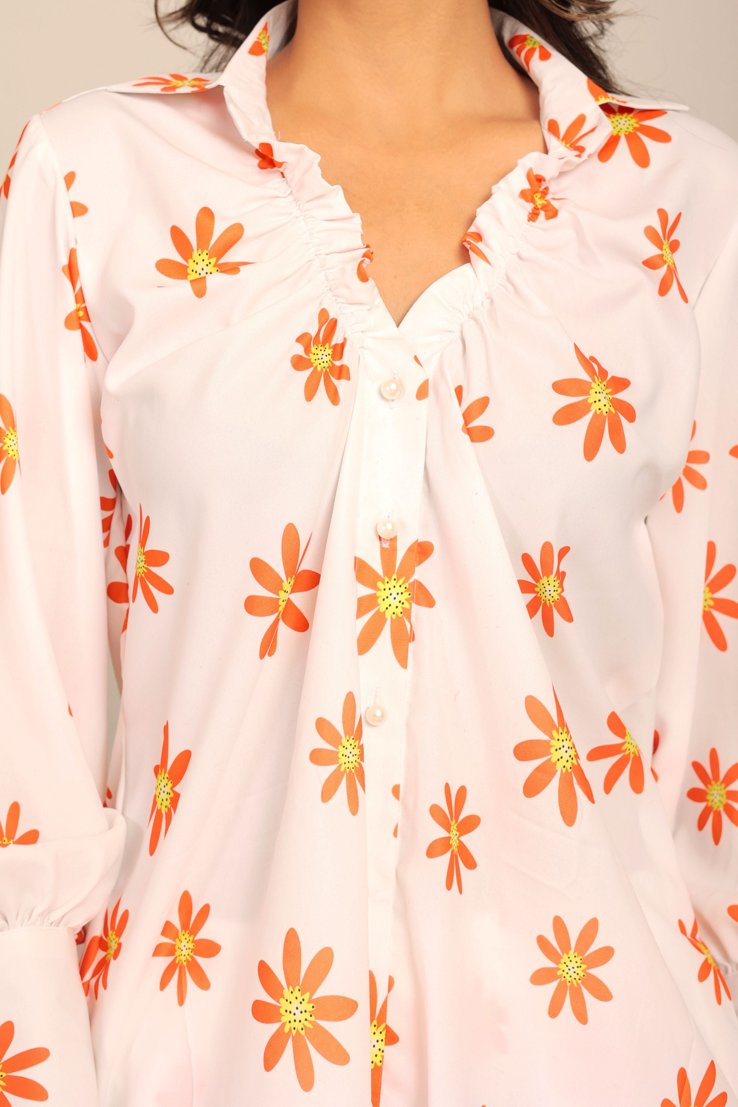 White and Orange Floral Printed Relaxed Shirt with Collar and Closer 6 Buttons - Kaoribyshreya