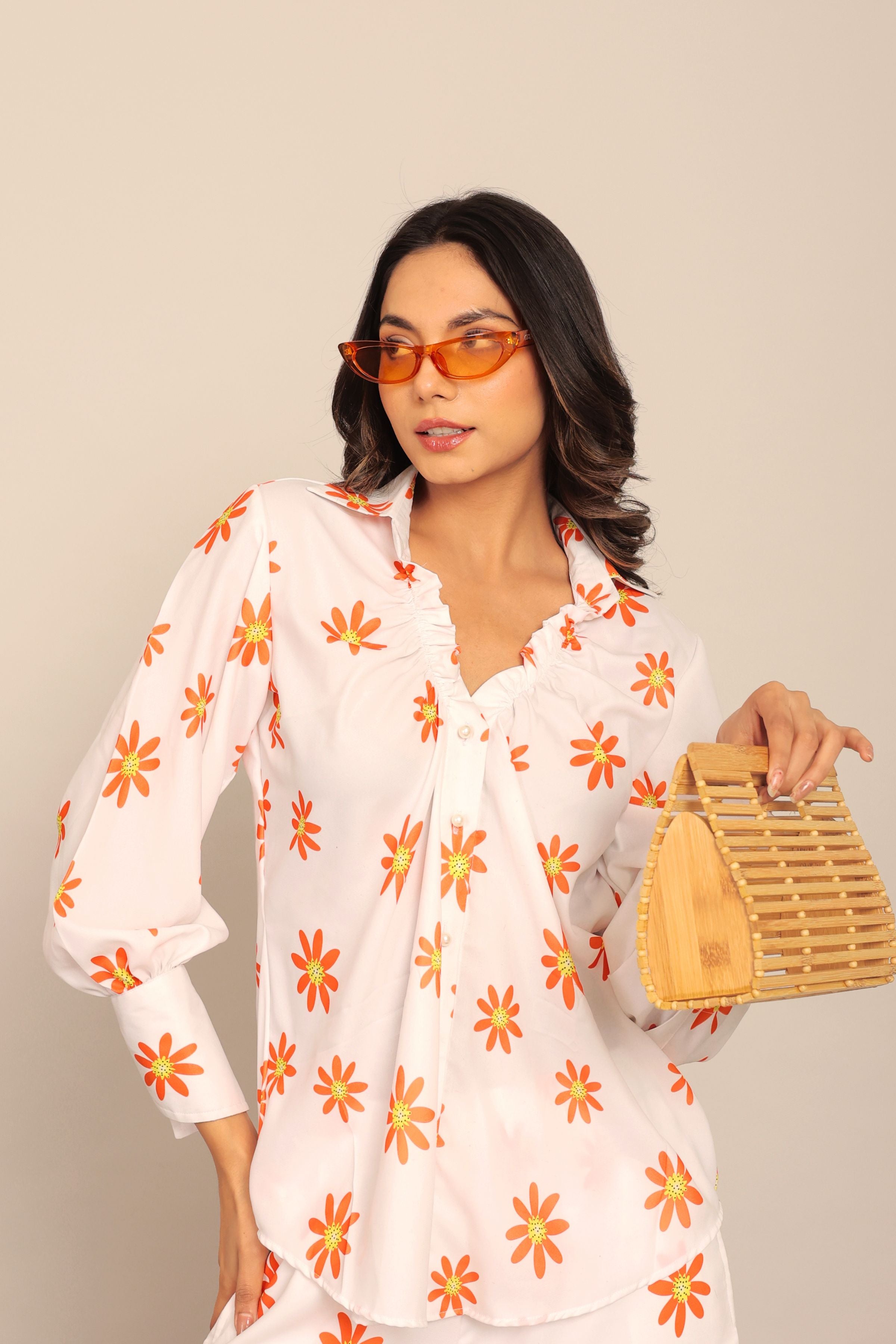 White and Orange Floral Printed Relaxed Shirt with Collar and Closer 6 Buttons - Kaoribyshreya